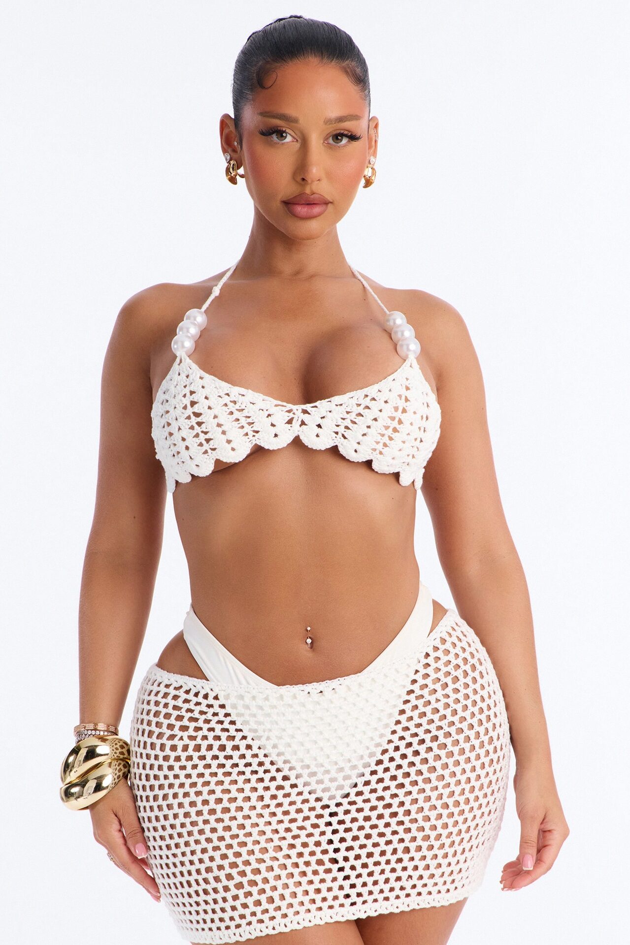 Euro Summer Vibes Crochet 2 Piece Cover Up Skirt Set - White