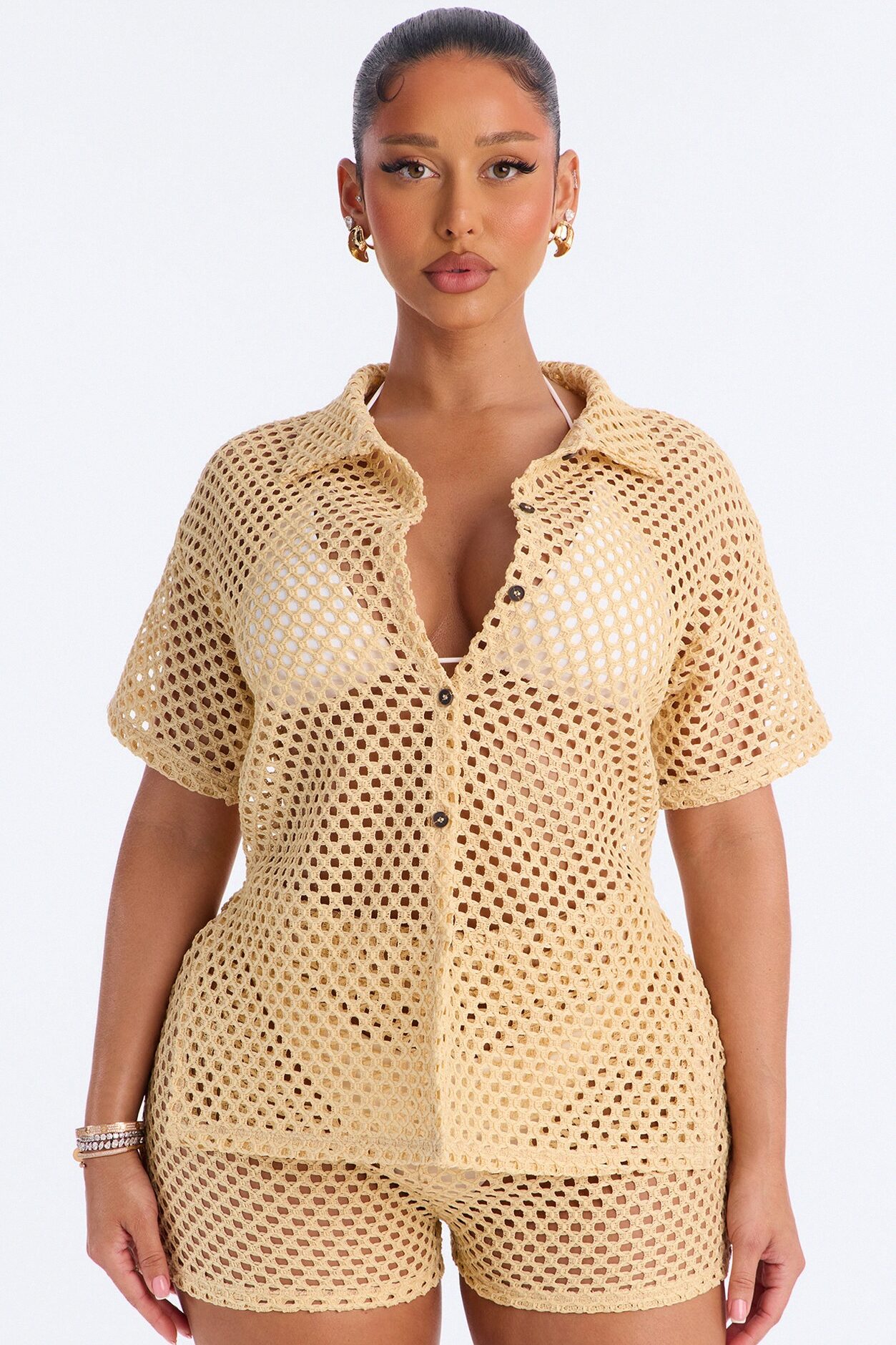 Paradise Sun Button Up Cover Up Shorts Set - Beige