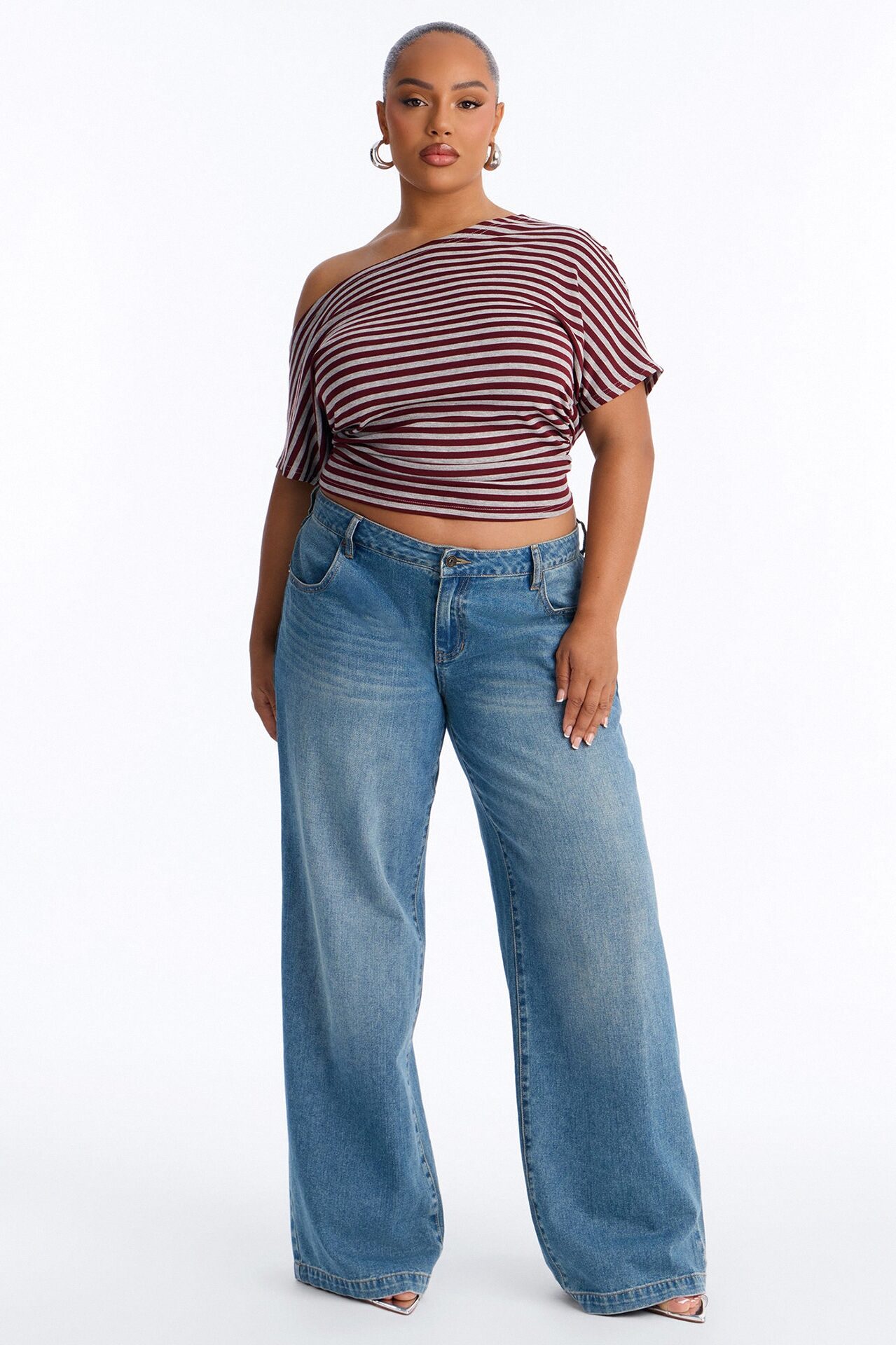 Zayna Striped Off Shoulder Short Sleeve Top - Burgundy/combo