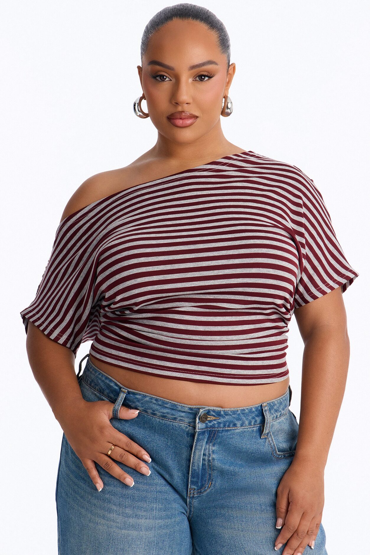 Zayna Striped Off Shoulder Short Sleeve Top - Burgundy/combo