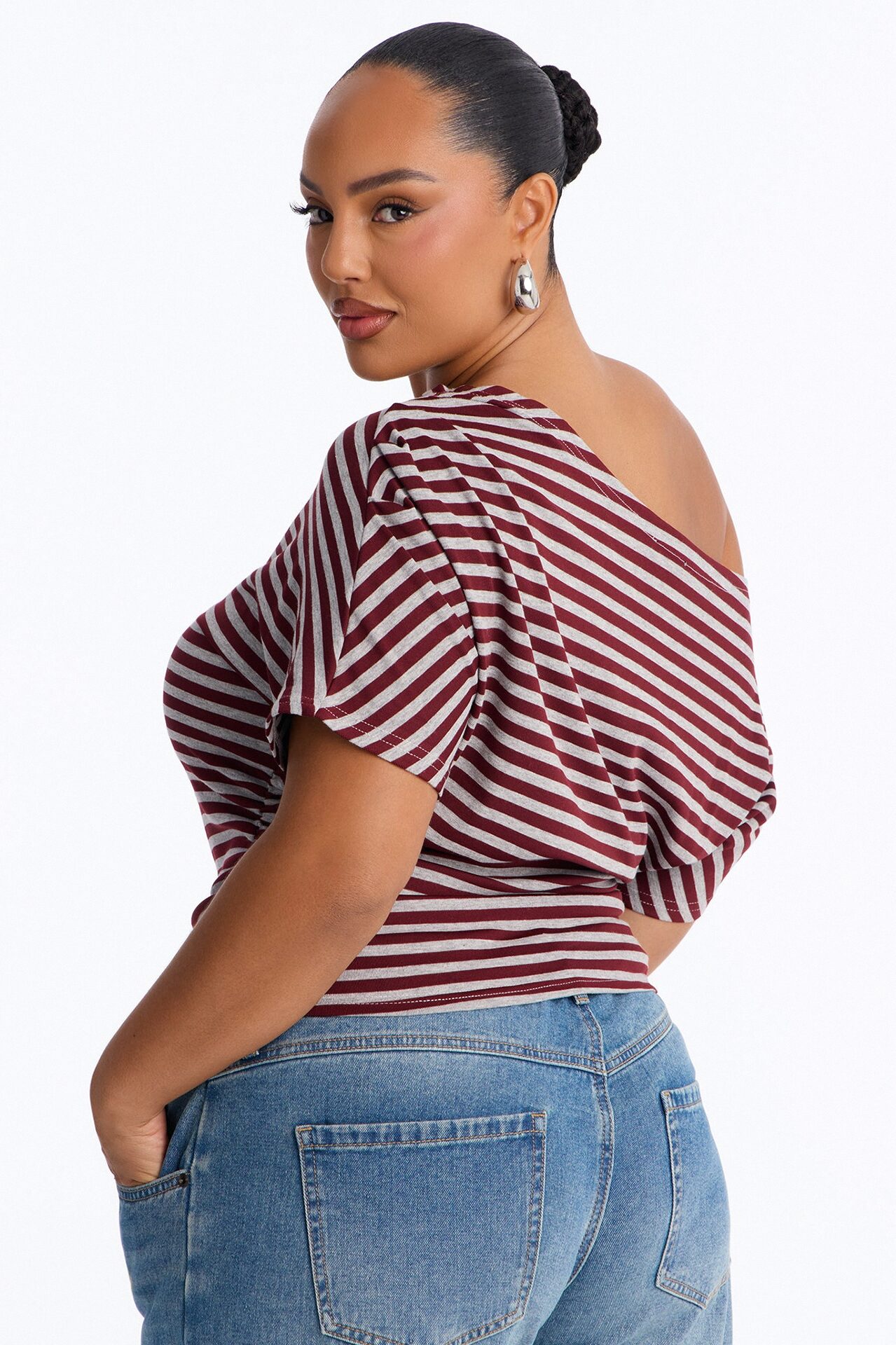 Zayna Striped Off Shoulder Short Sleeve Top - Burgundy/combo