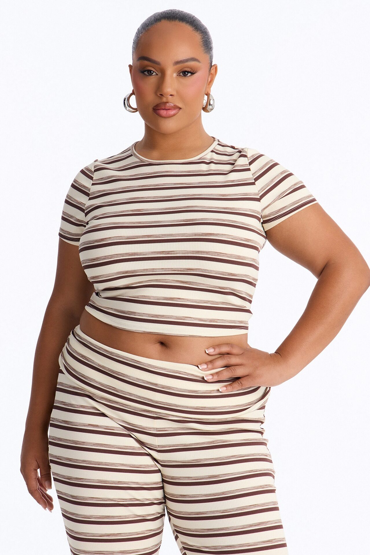 Dana Stripe Foldover Waistband Pant Set - Brown Combo