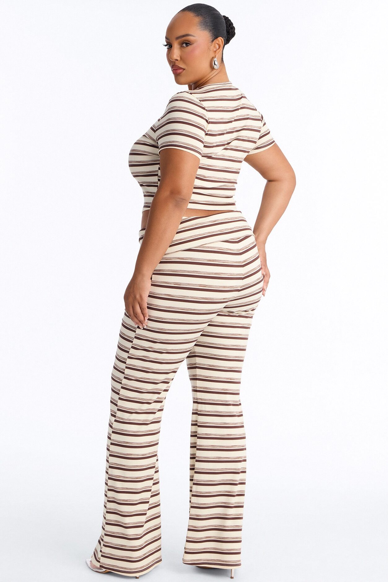 Dana Stripe Foldover Waistband Pant Set - Brown Combo