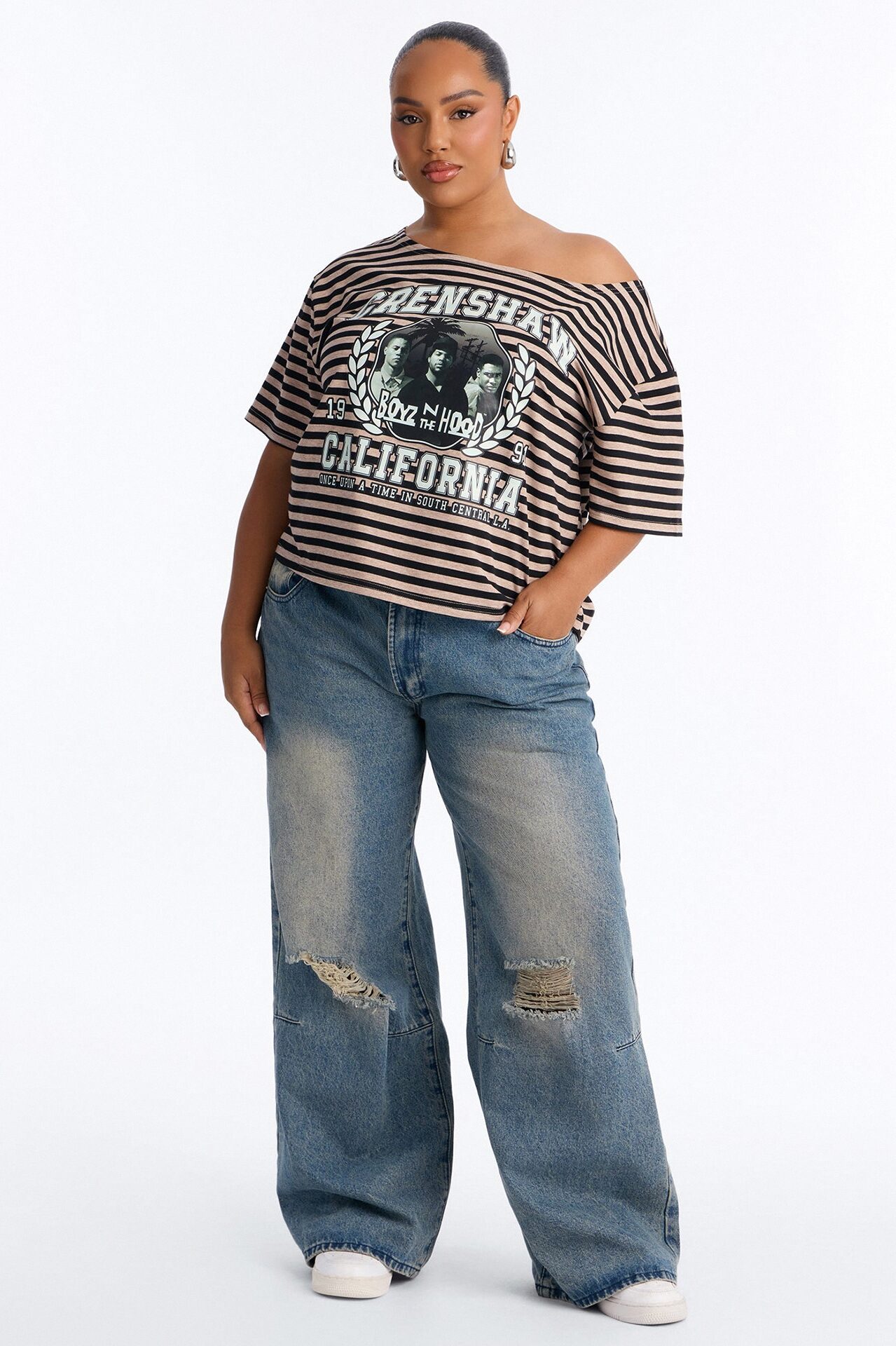 Boyz N The Hood Stripe Off Shoulder Crop Tee - Black
