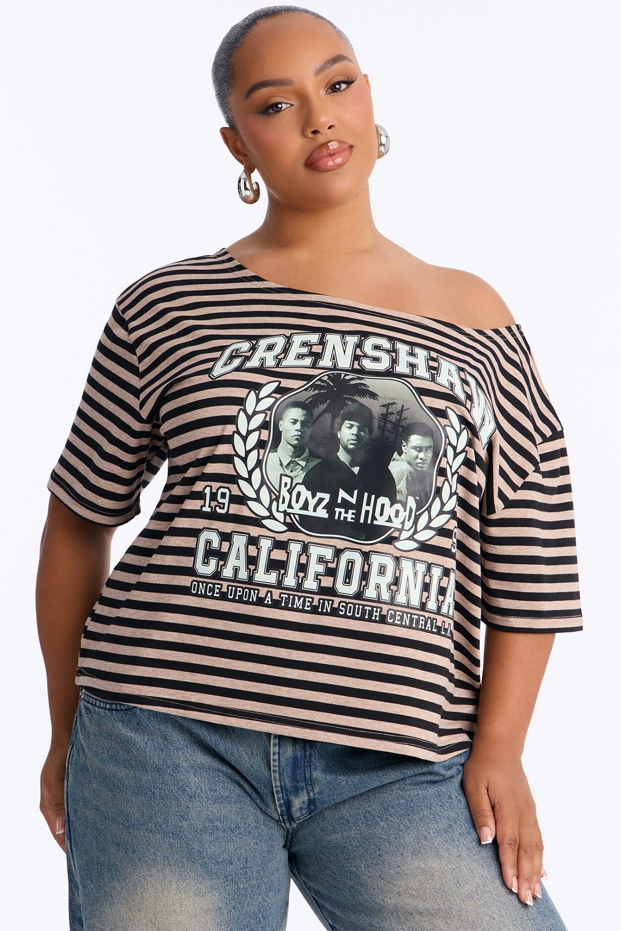 Boyz N The Hood Stripe Off Shoulder Crop Tee - Black