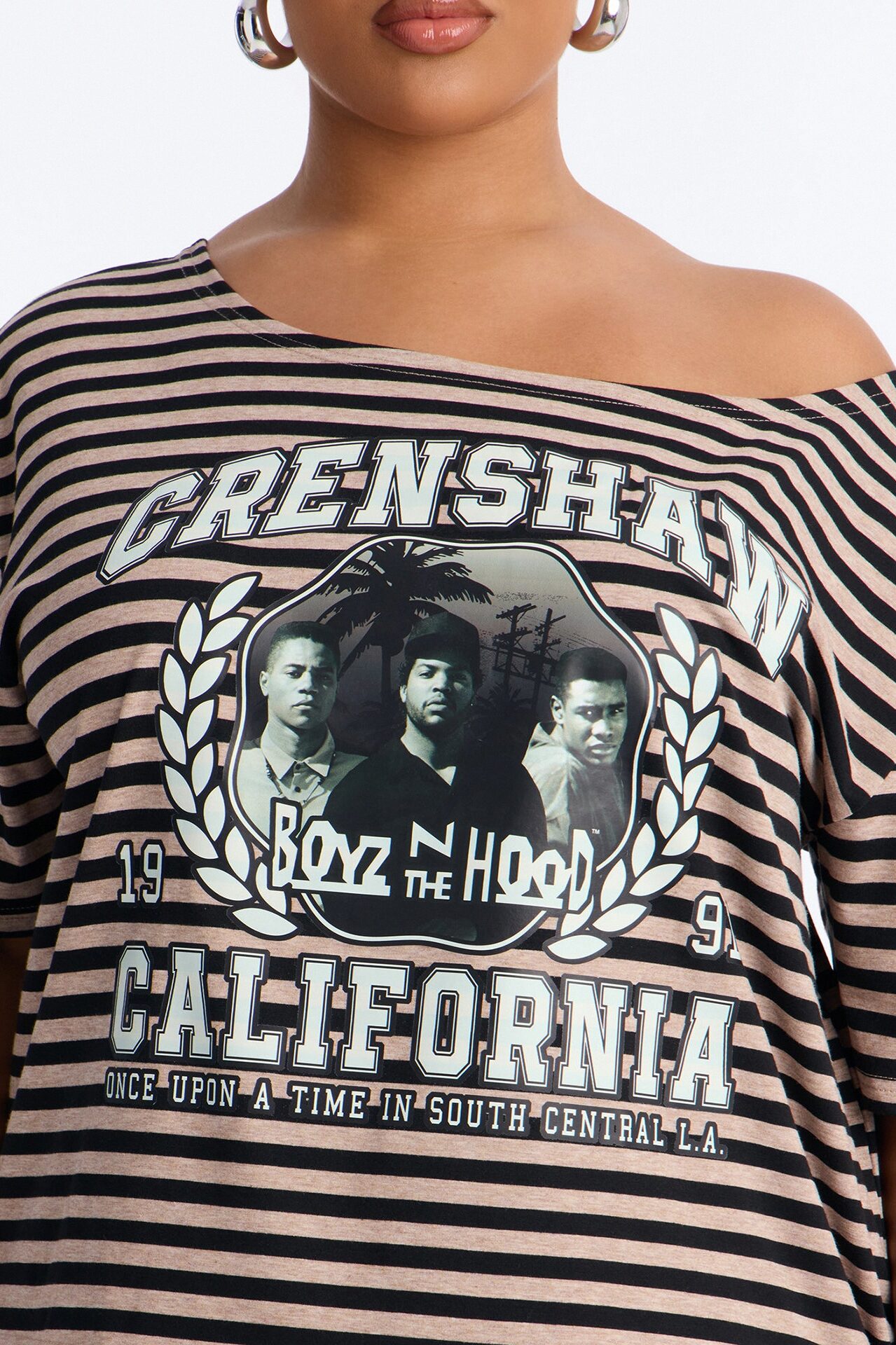 Boyz N The Hood Stripe Off Shoulder Crop Tee - Black