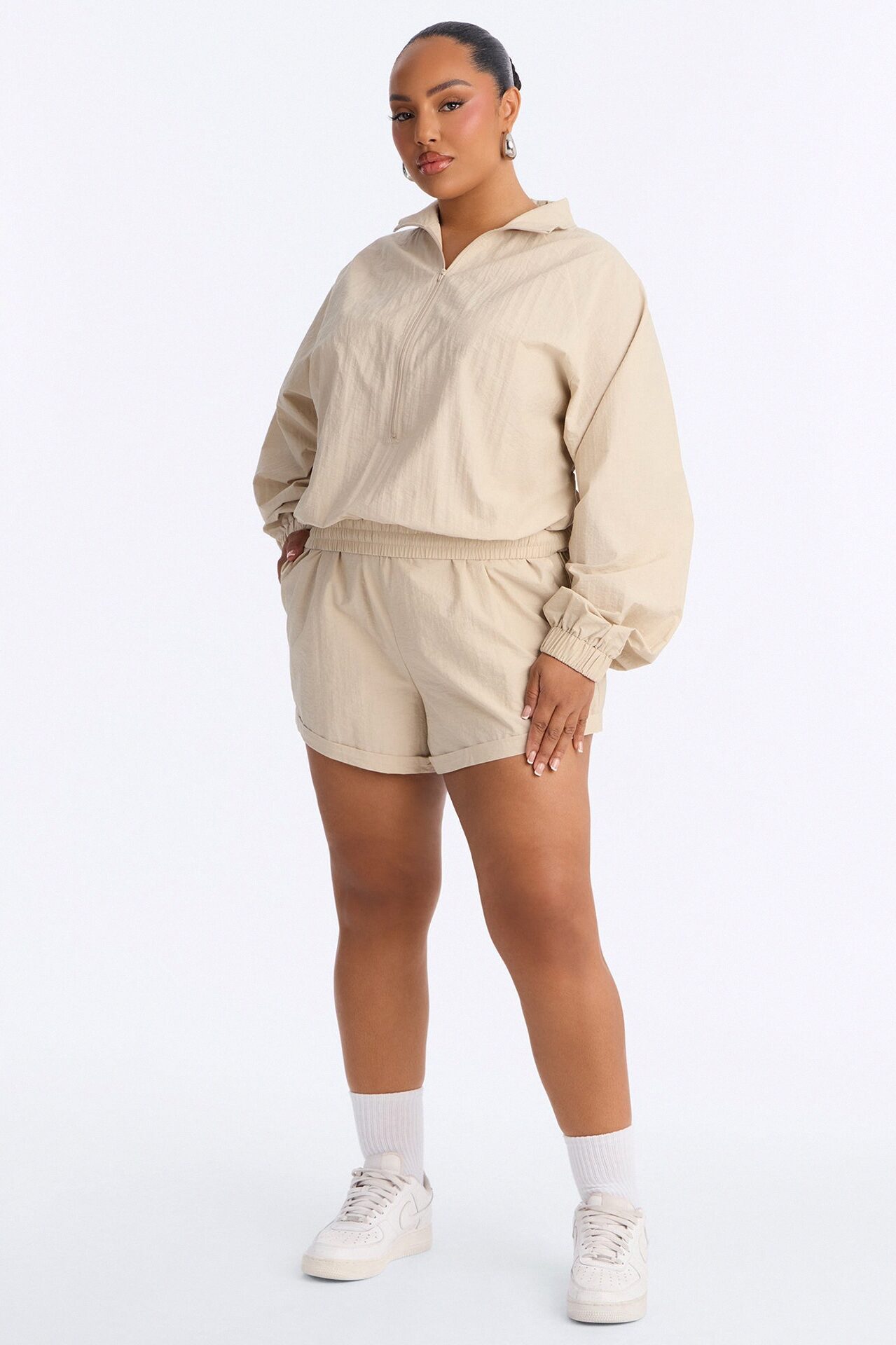 On The Move Windbreaker Long Sleeve Romper - Tan