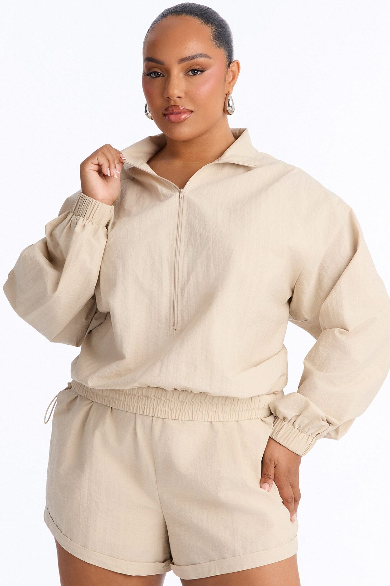 On The Move Windbreaker Long Sleeve Romper - Tan