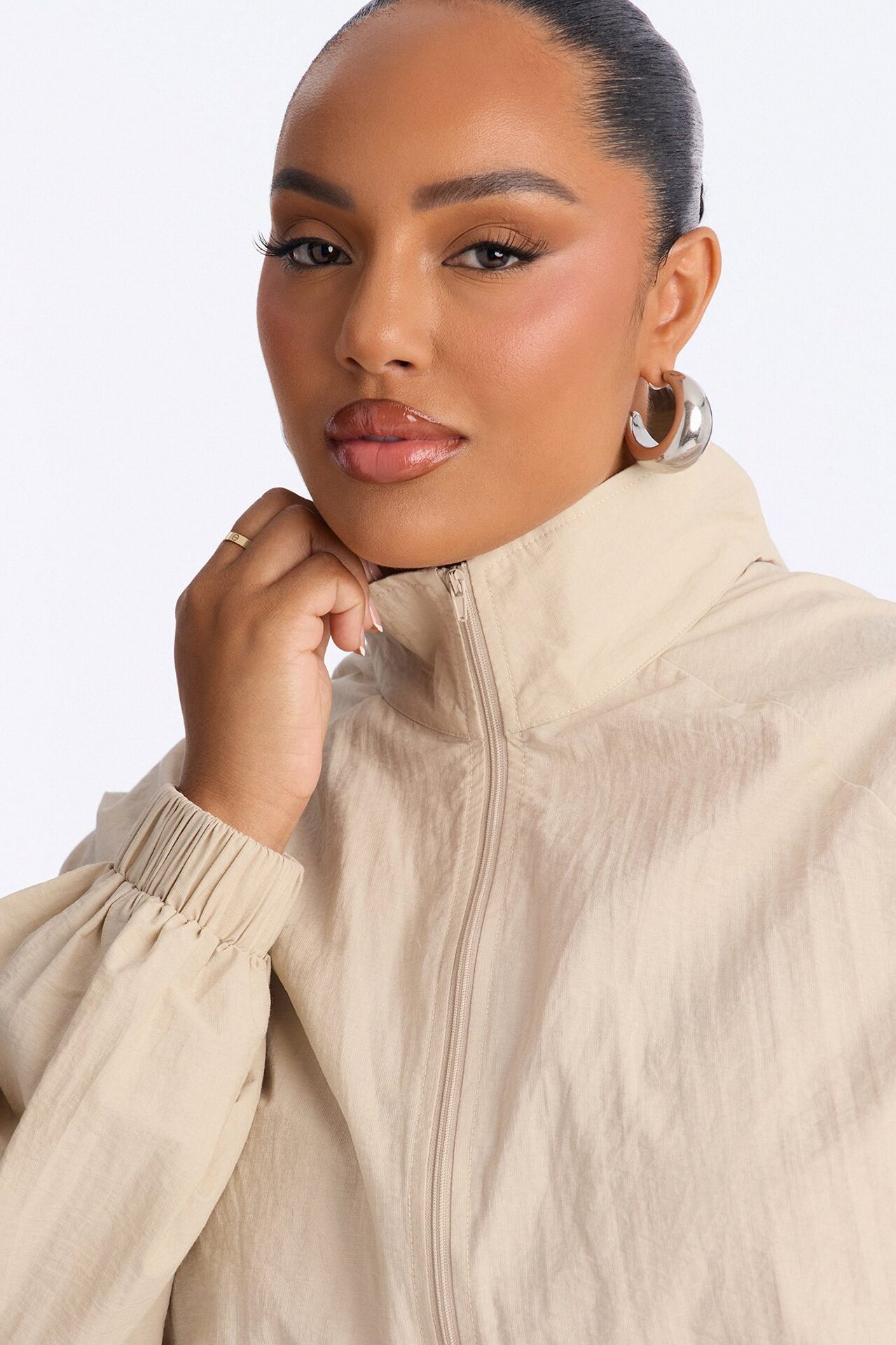 On The Move Windbreaker Long Sleeve Romper - Tan