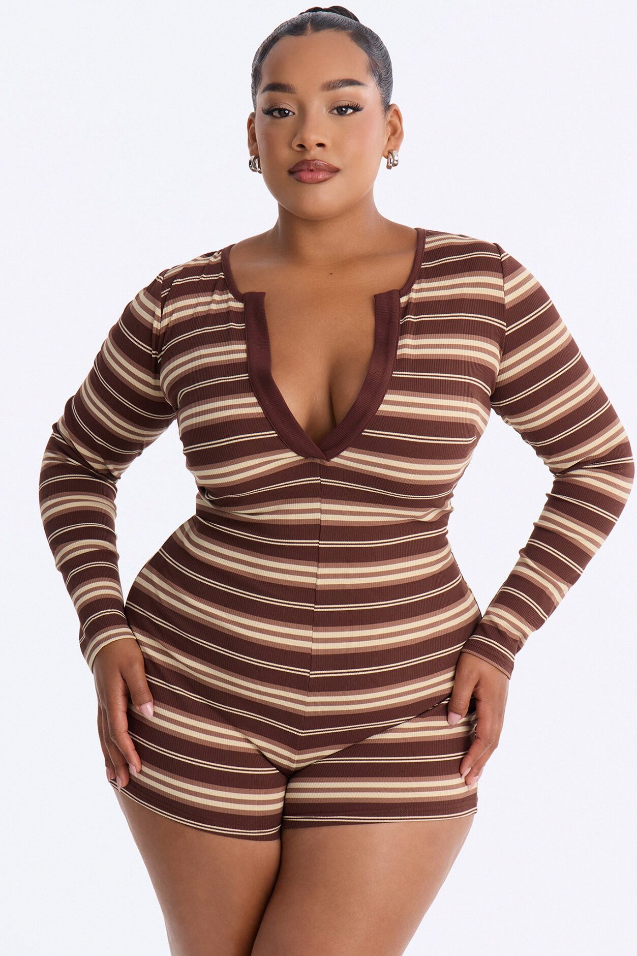 Heather Ribbed Long Sleeve Romper - Chocolate