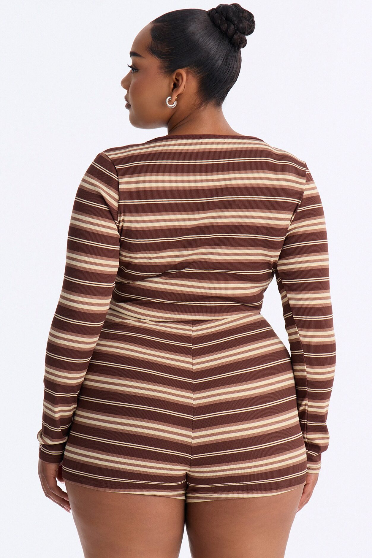 Heather Ribbed Long Sleeve Romper - Chocolate