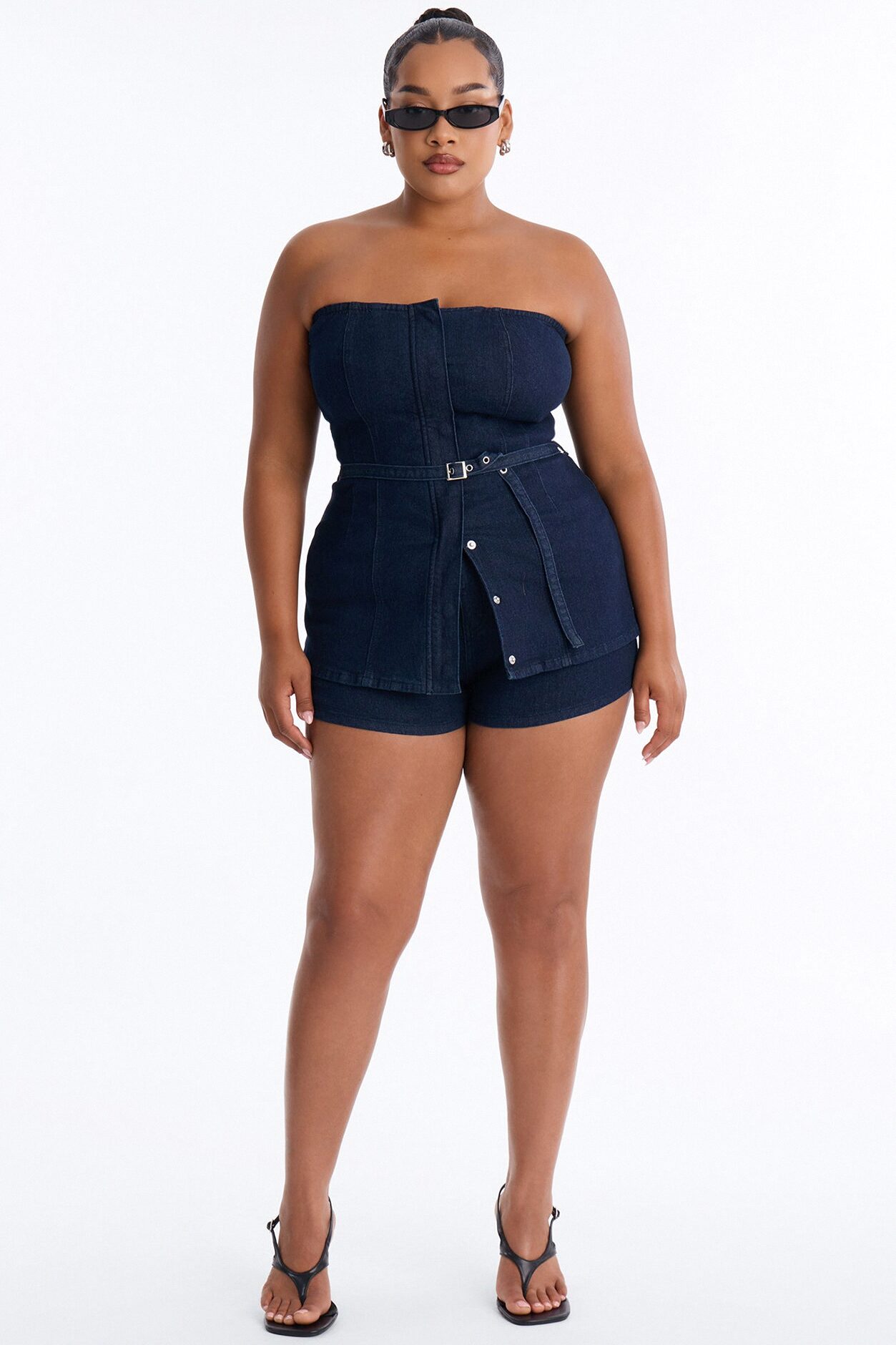 Loren Belted Denim Short Set - Dark Wash