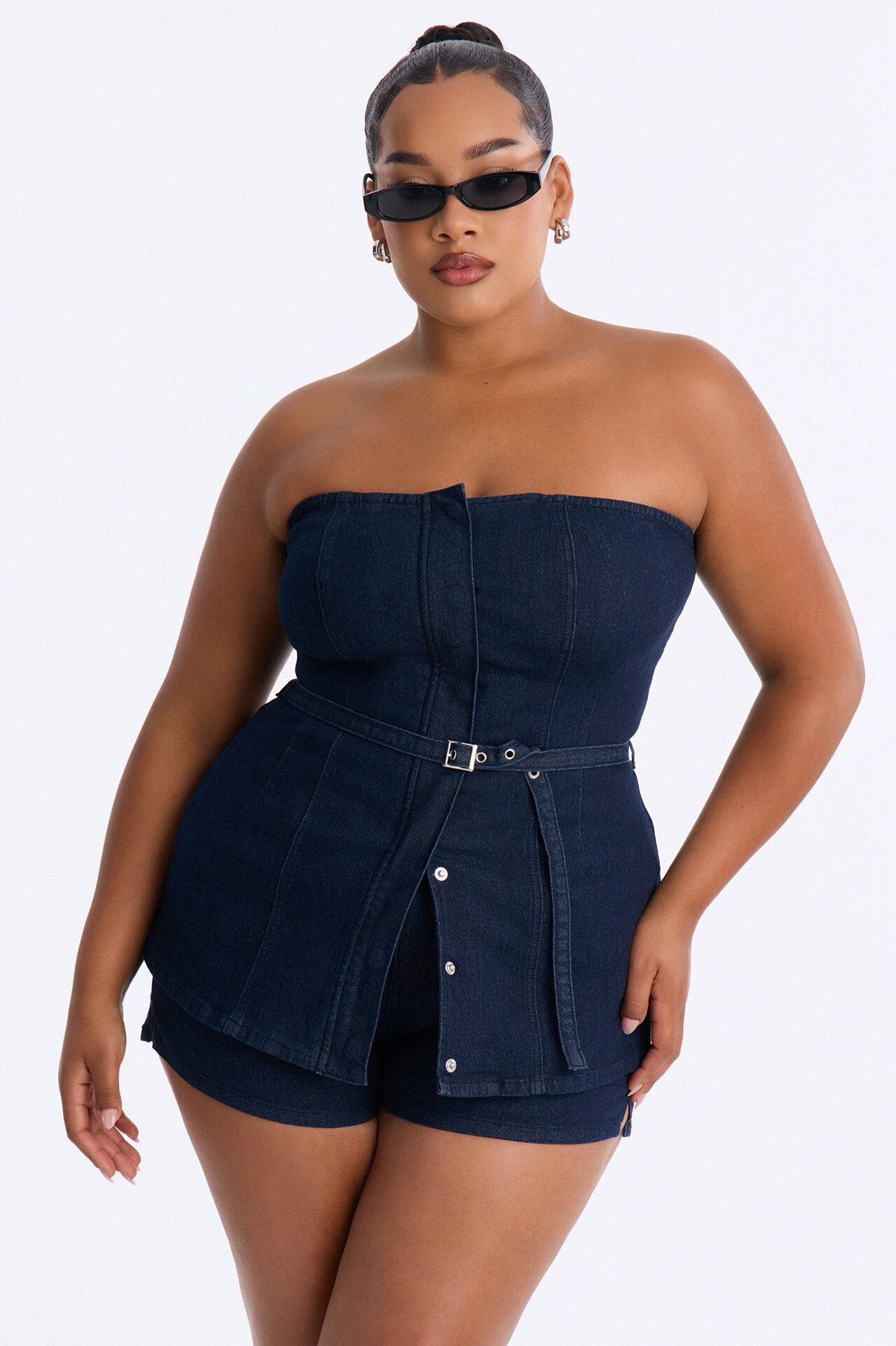 Loren Belted Denim Short Set - Dark Wash