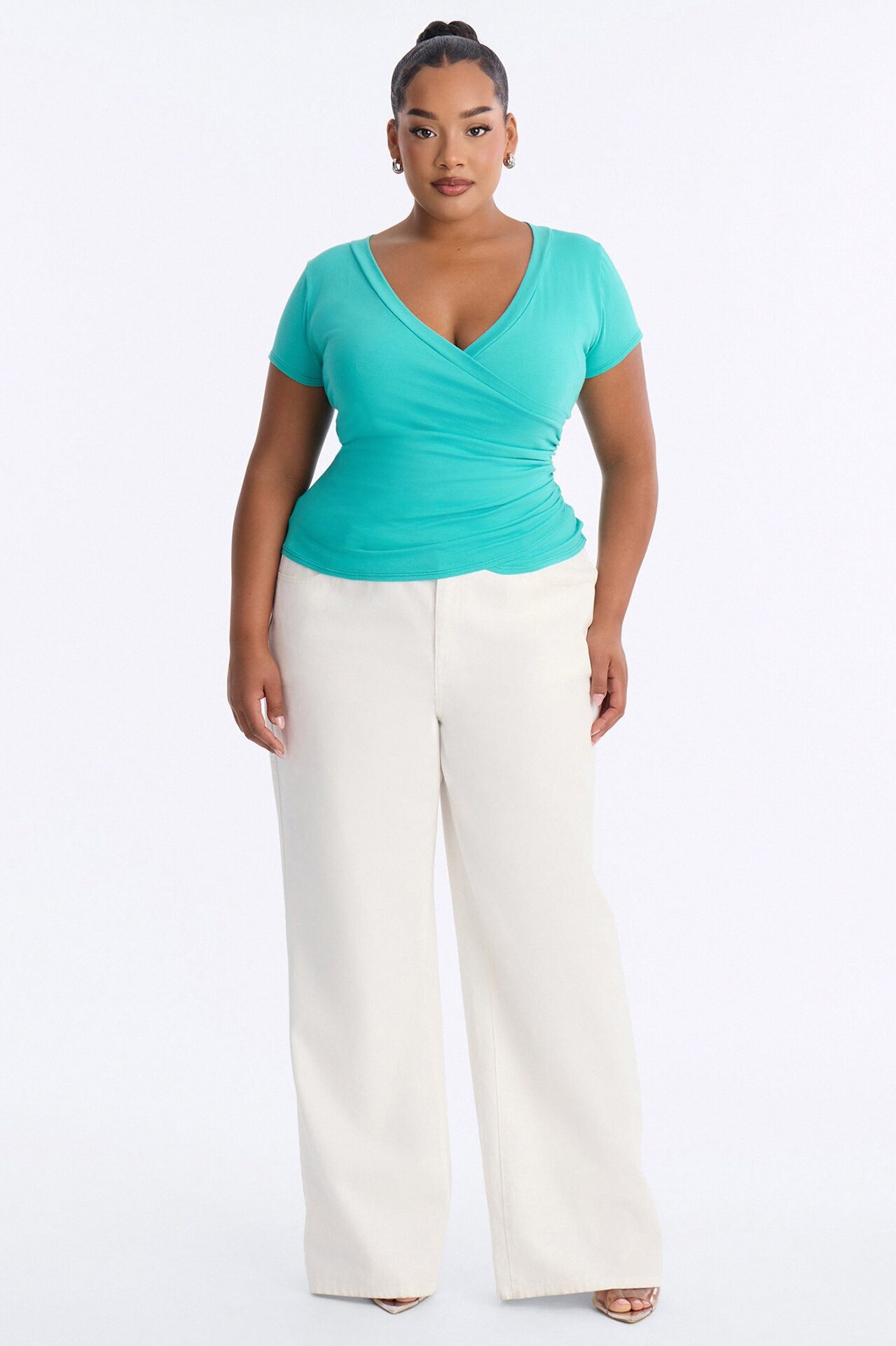 Summer Prep Ruched V-Neck Short Sleeve Top - Turquoise