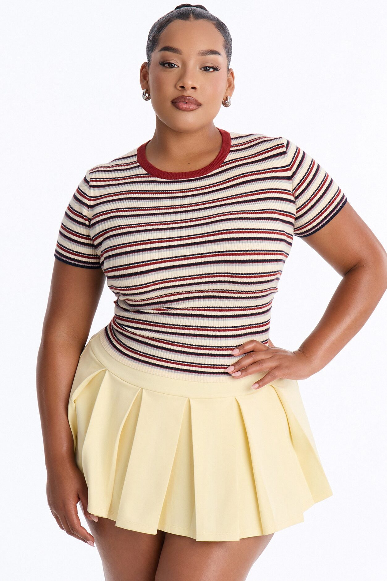 Kaia Ribbed Striped Short Sleeve Sweater - Red/combo