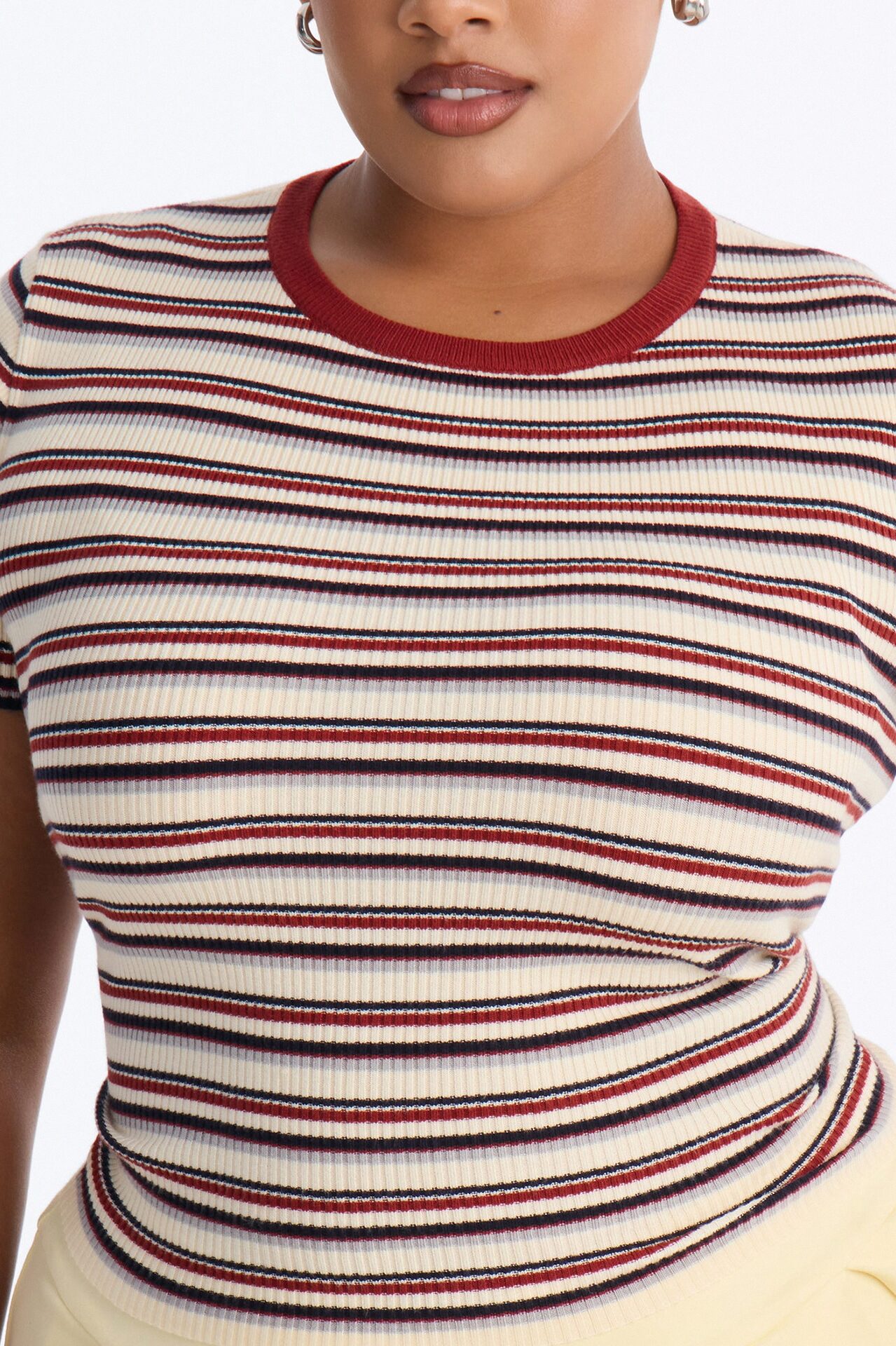 Kaia Ribbed Striped Short Sleeve Sweater - Red/combo