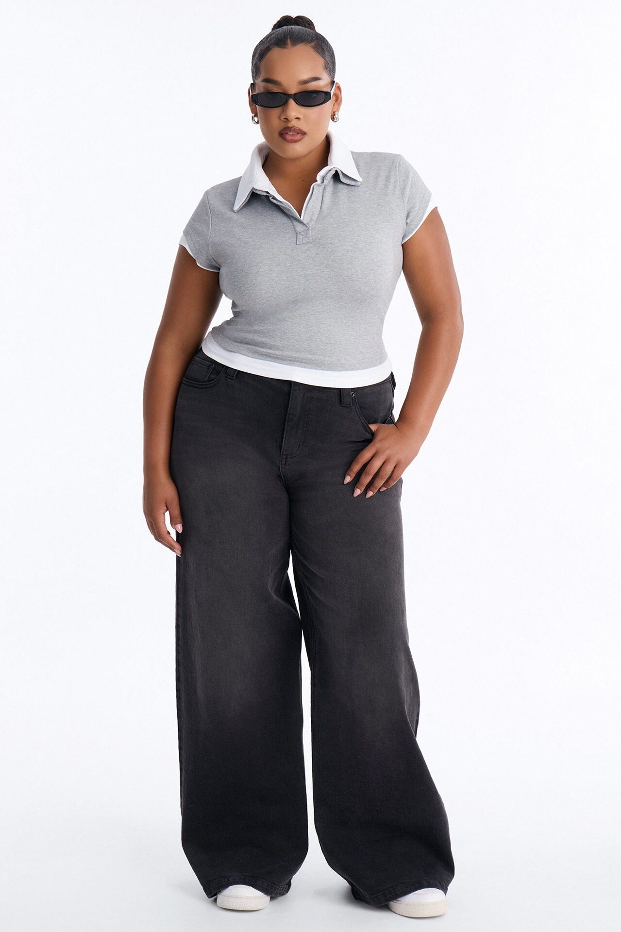 Haley Layered Short Sleeve Polo Top - Grey/combo
