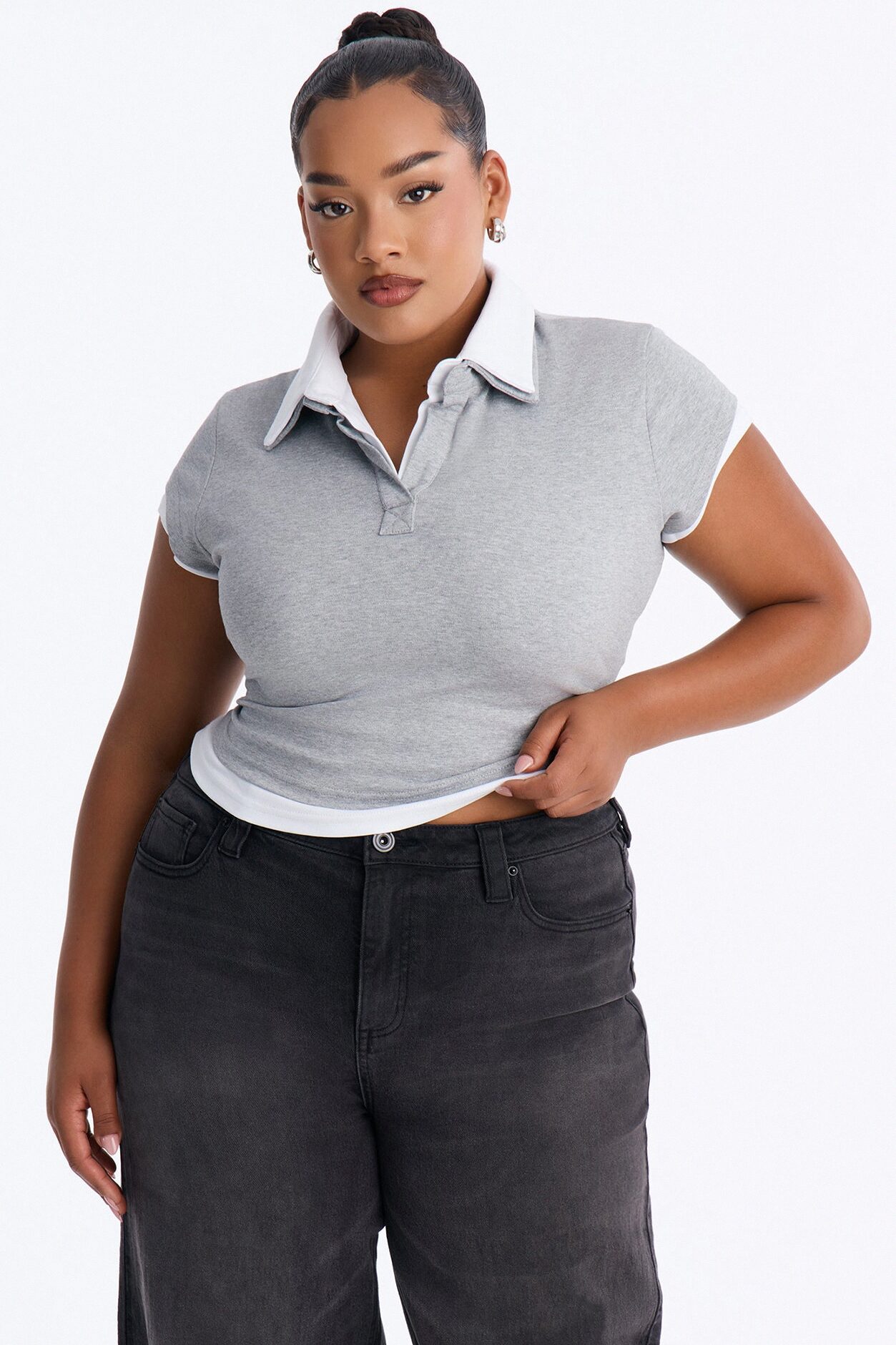 Haley Layered Short Sleeve Polo Top - Grey/combo