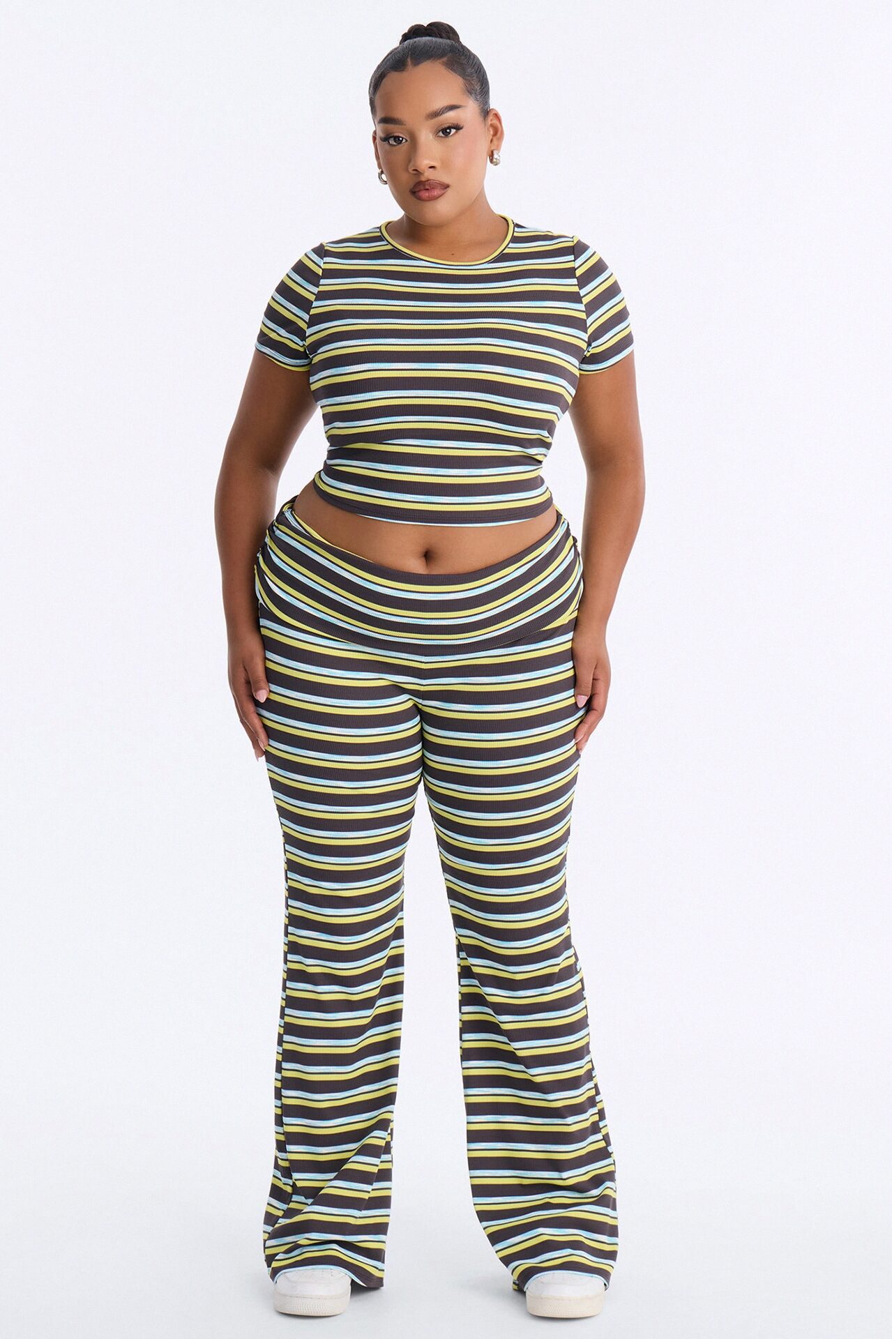 Dana Stripe Foldover Waistband Pant Set - Grey/combo