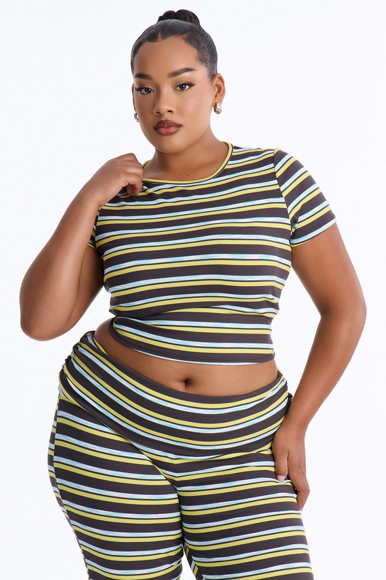 Dana Stripe Foldover Waistband Pant Set - Grey/combo