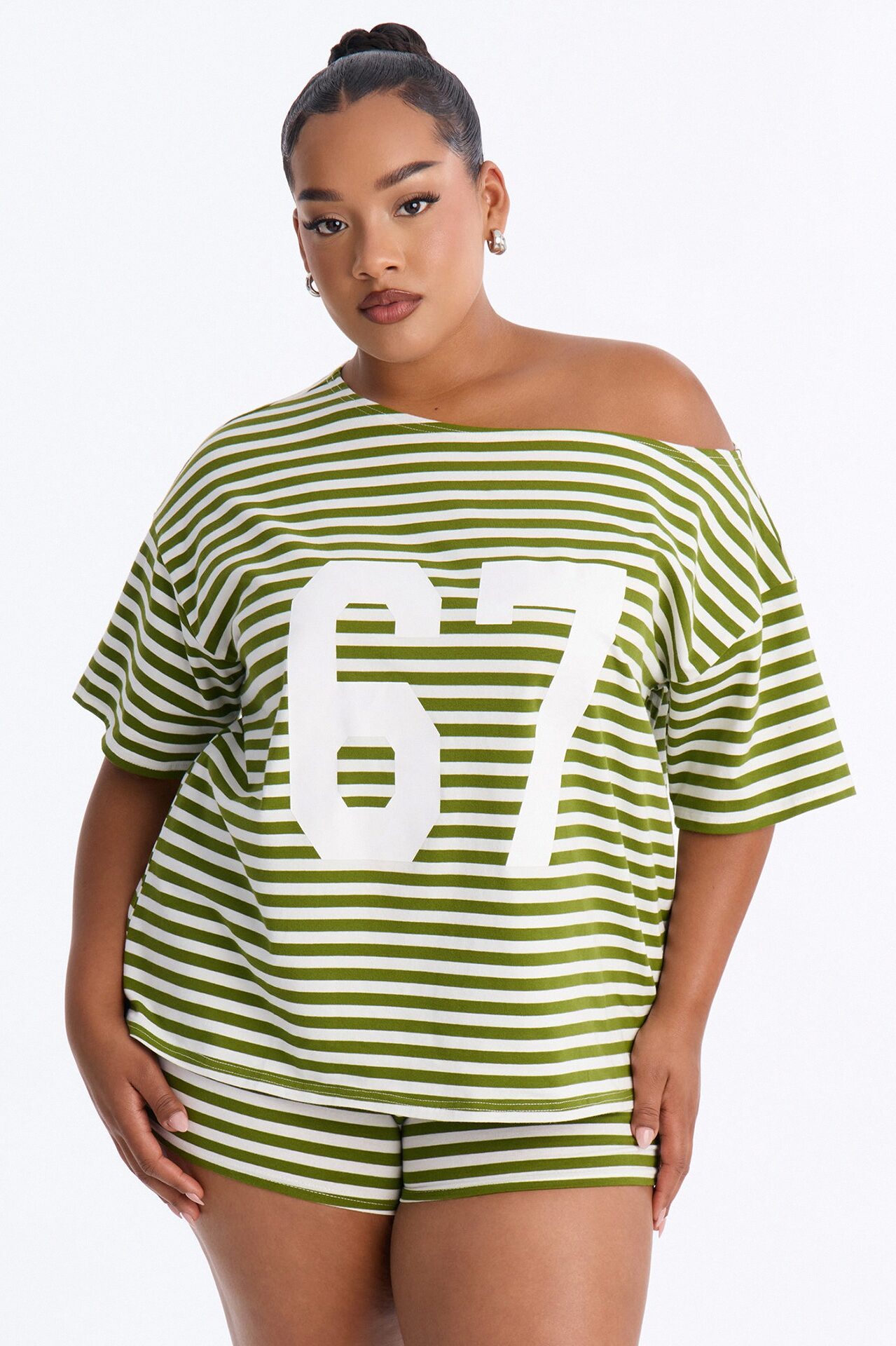 Winning Streak Off Shoulder Striped Short Set - Green/combo