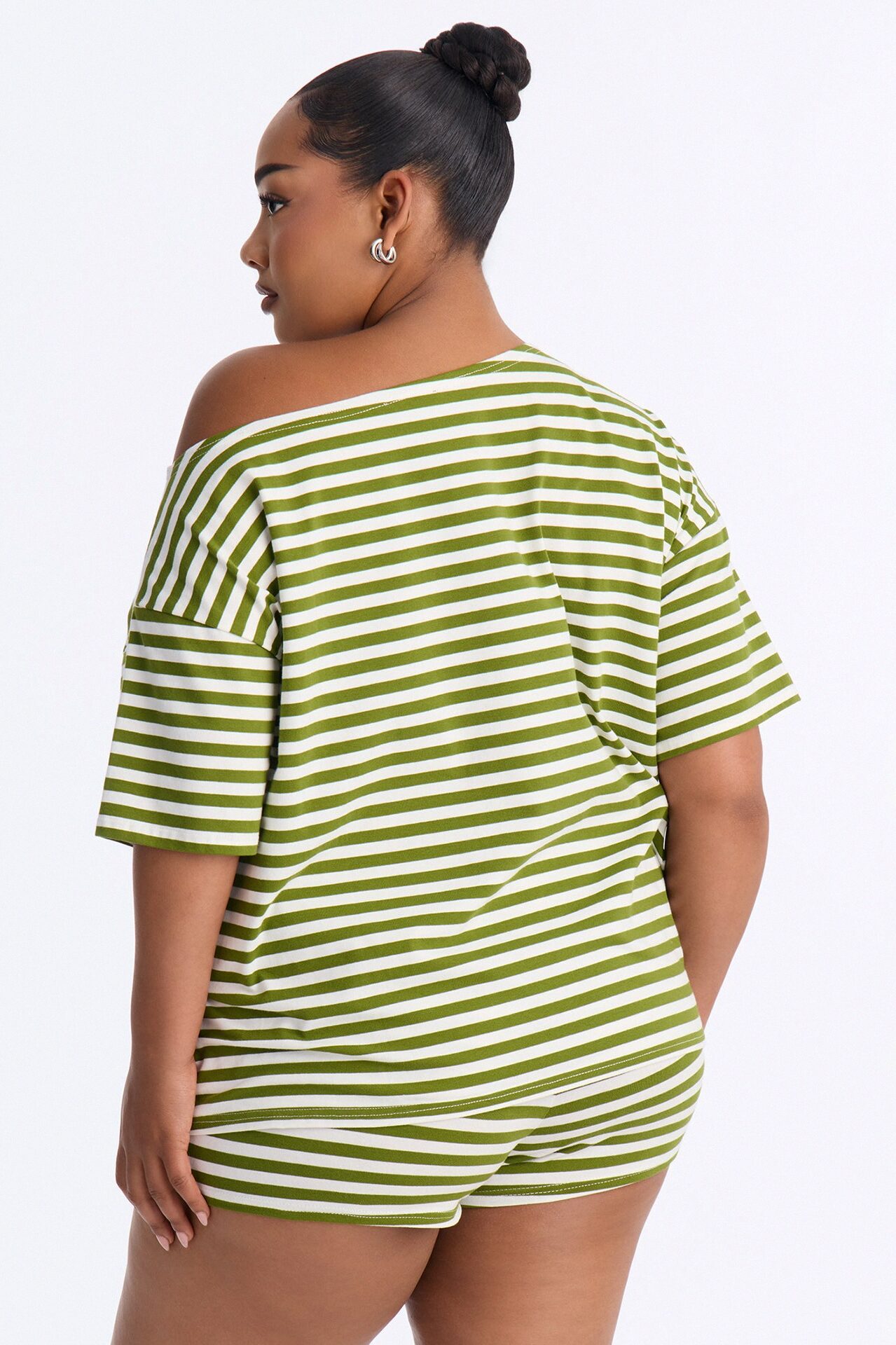Winning Streak Off Shoulder Striped Short Set - Green/combo