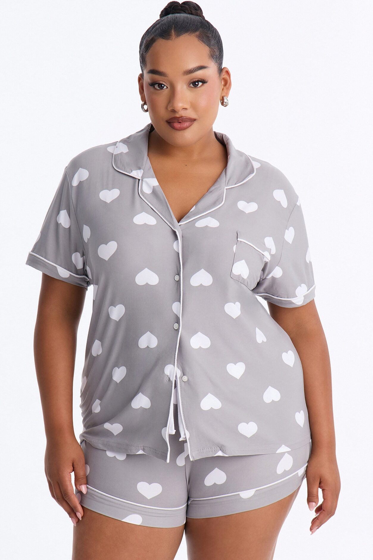Snuggle Me Button Up PJ Short Set - Light Heather Grey