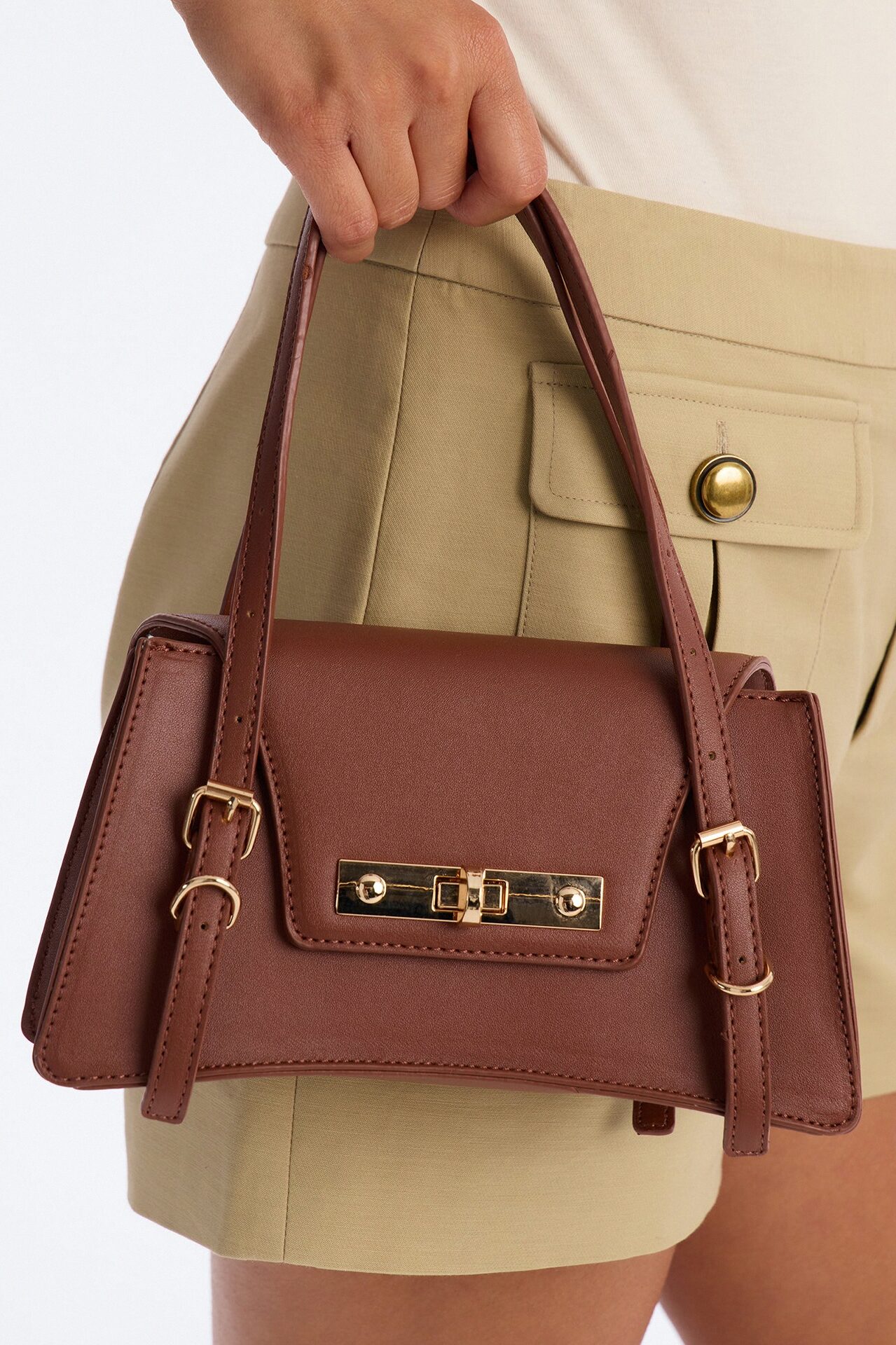 On That Note Faux Leather Satchel Handbag - Brown
