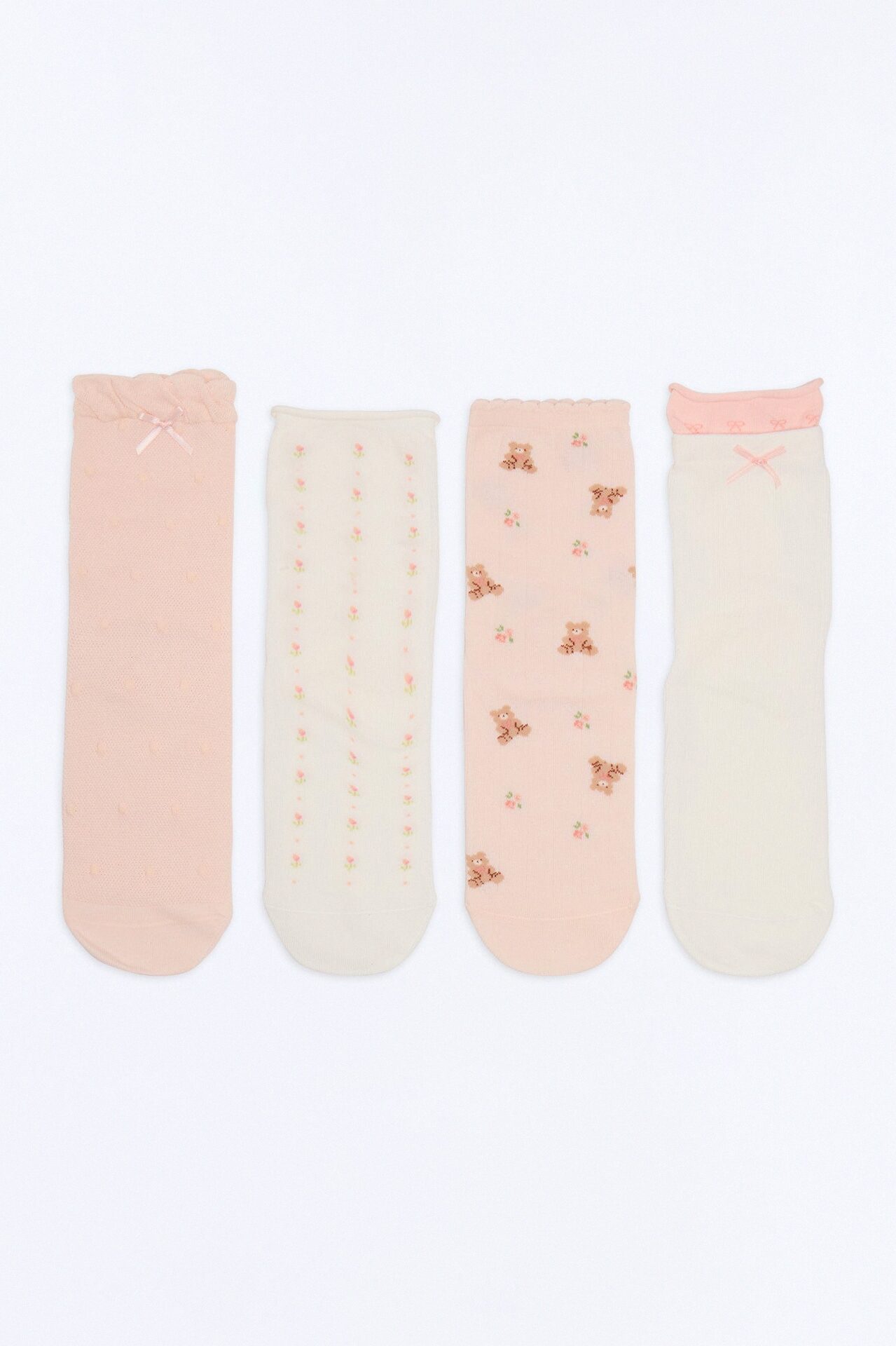 Bears And Bows 4 Pack Crew Socks - Pink/combo
