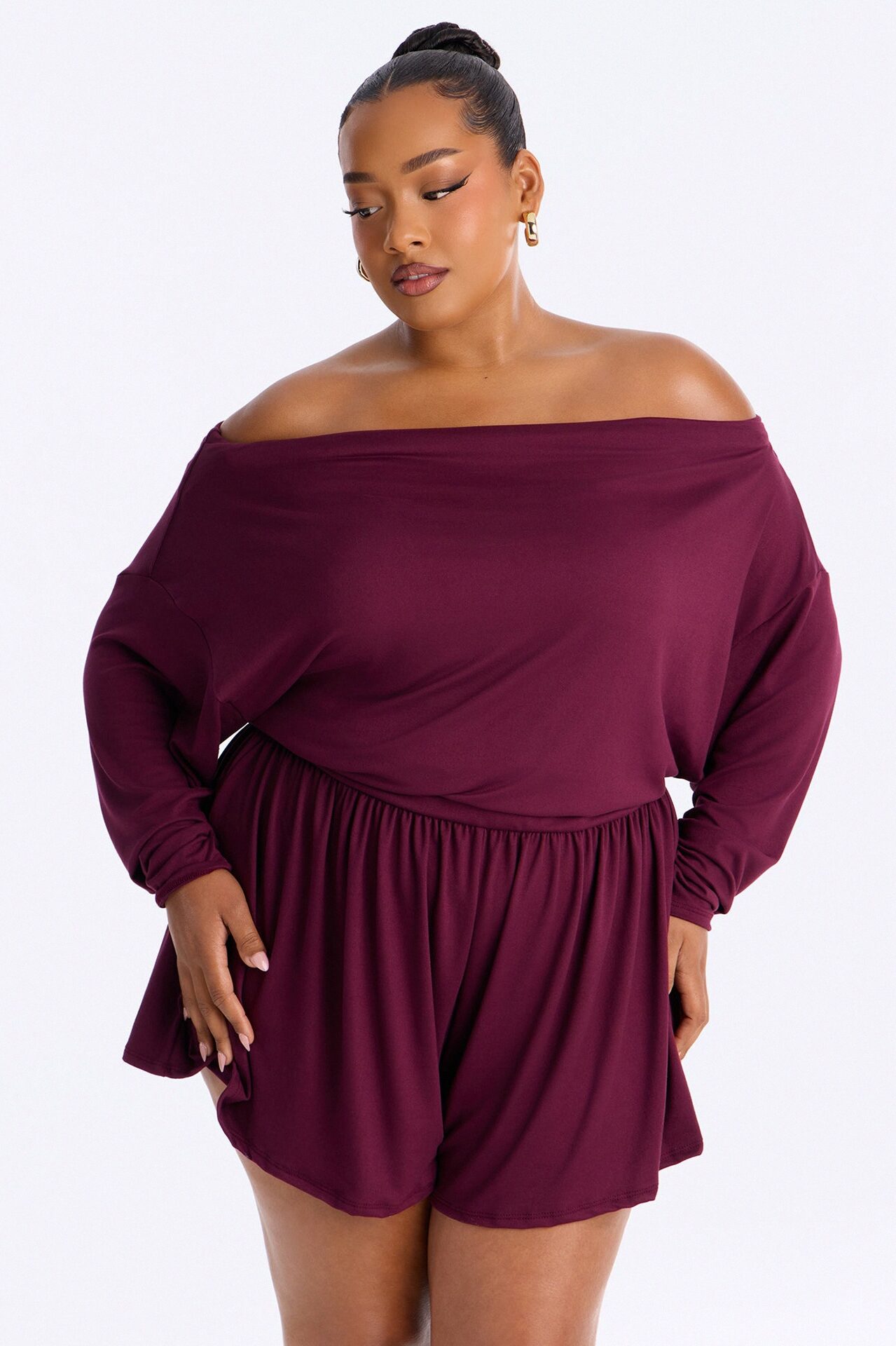 Amelia Off Shoulder Flowy Romper - Plum