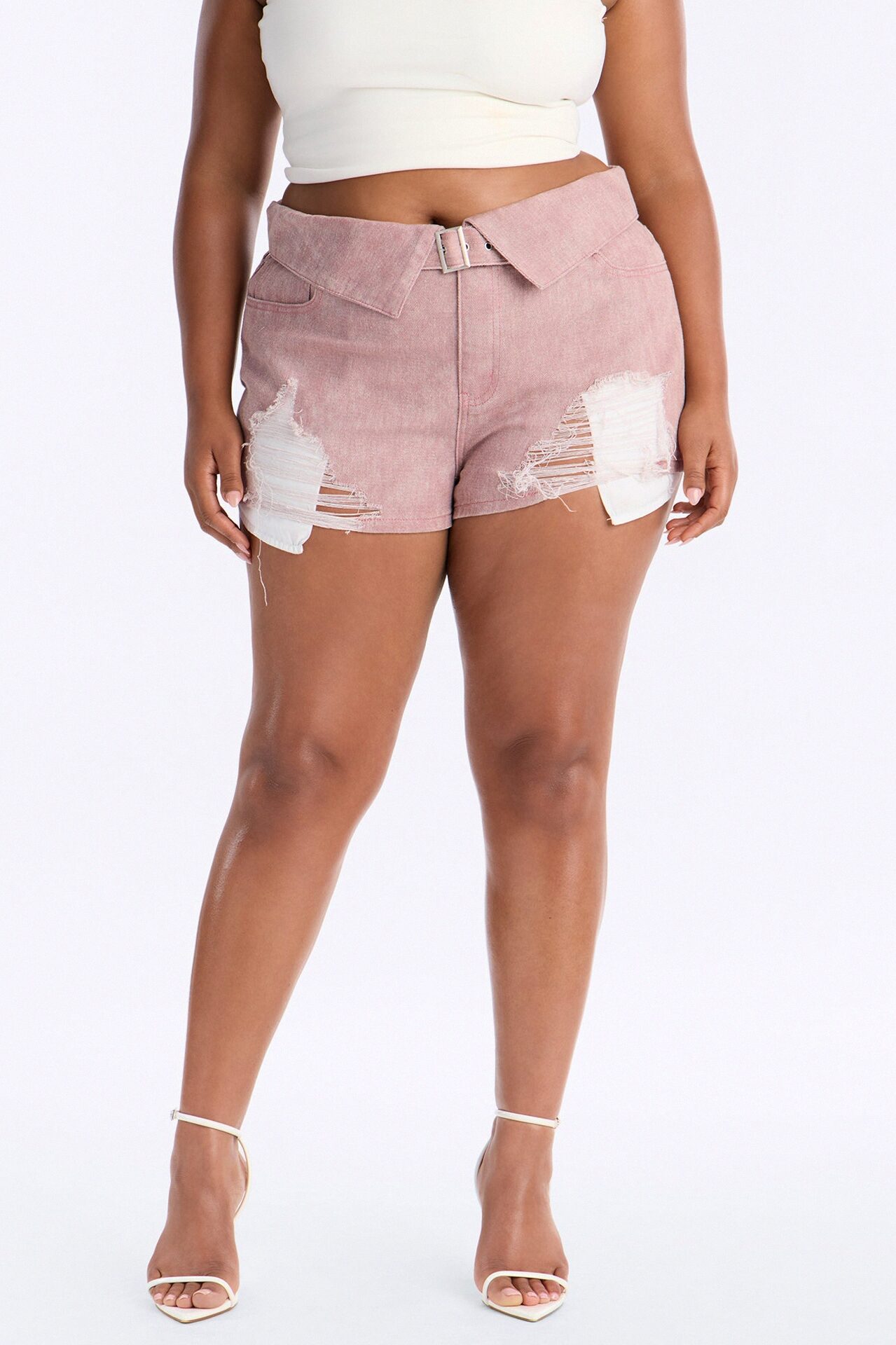 Ashton Belted Washed Twill Distressed Micro Short - Pink