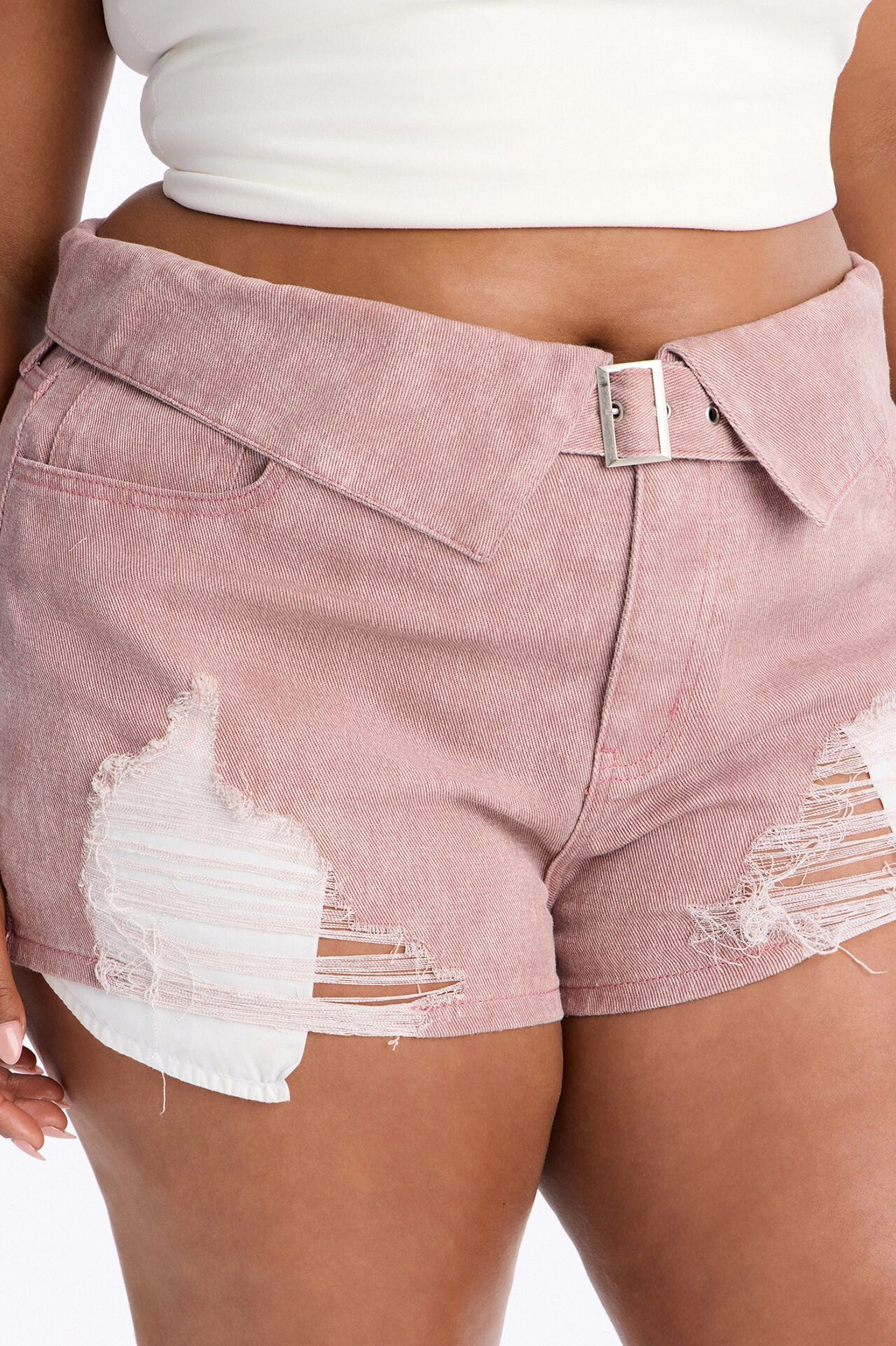 Ashton Belted Washed Twill Distressed Micro Short - Pink