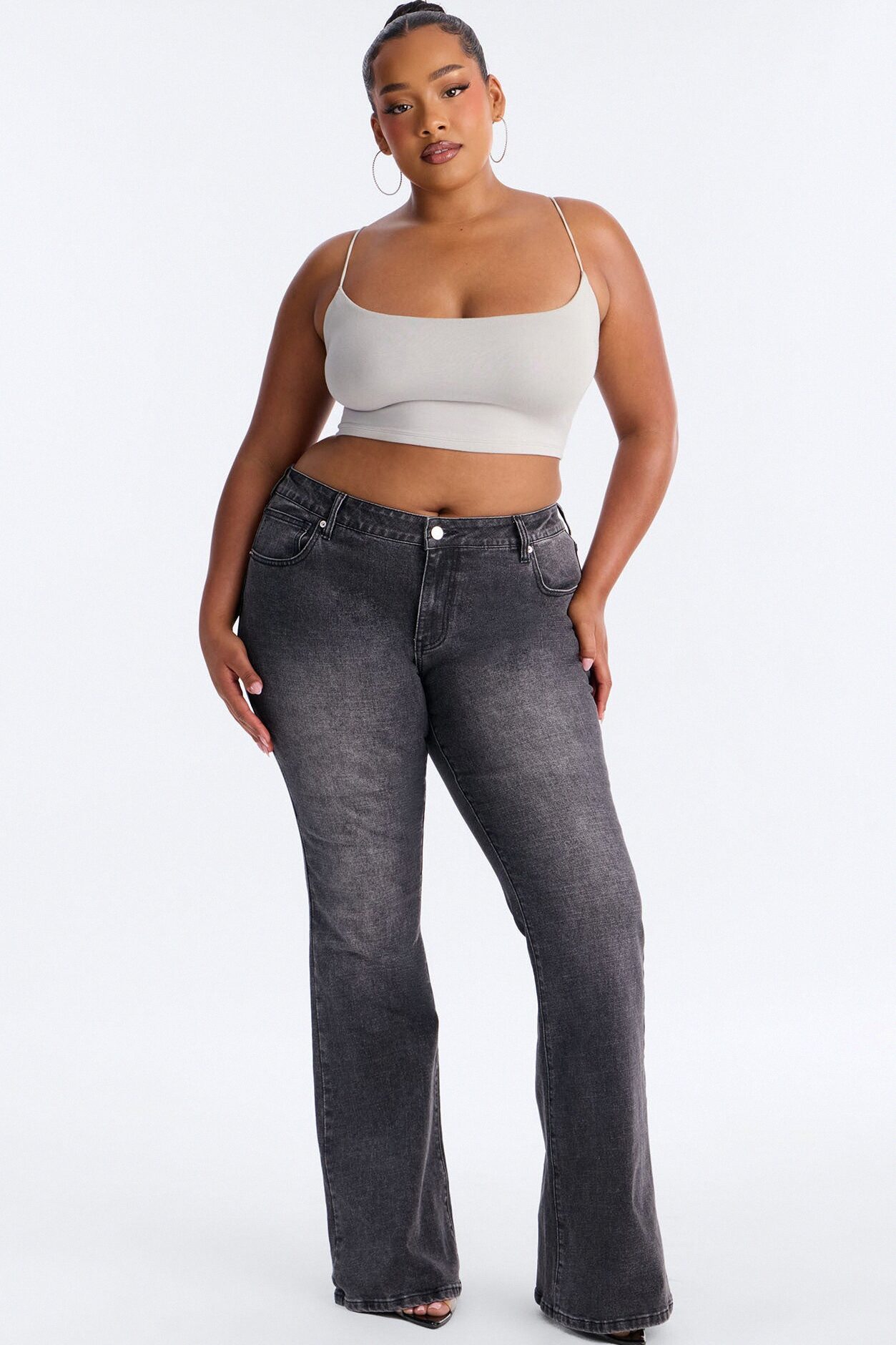 Watching You Rhinestone Embellished Low Rise Jeans - Black Wash