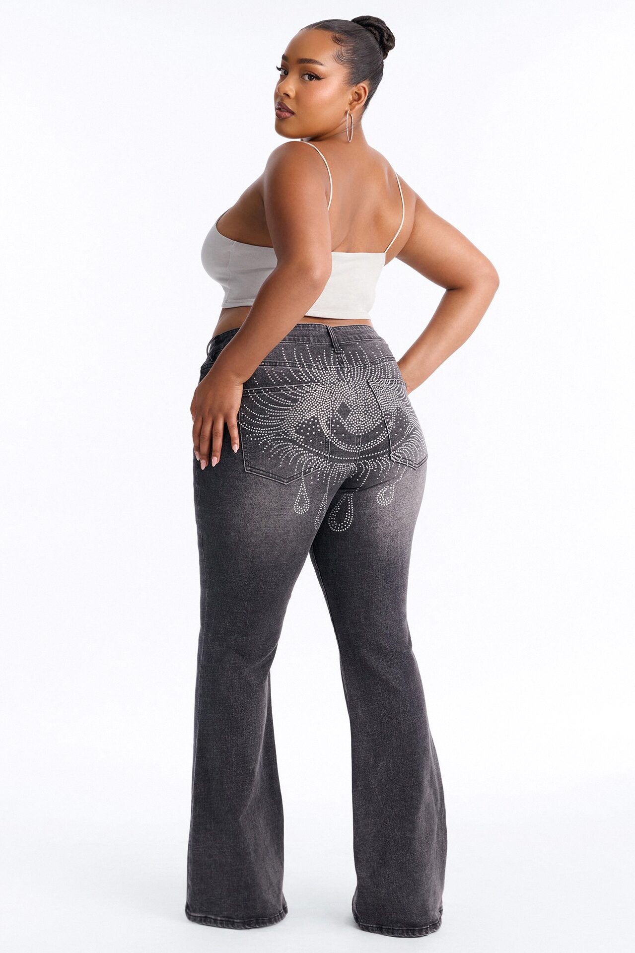 Watching You Rhinestone Embellished Low Rise Jeans - Black Wash
