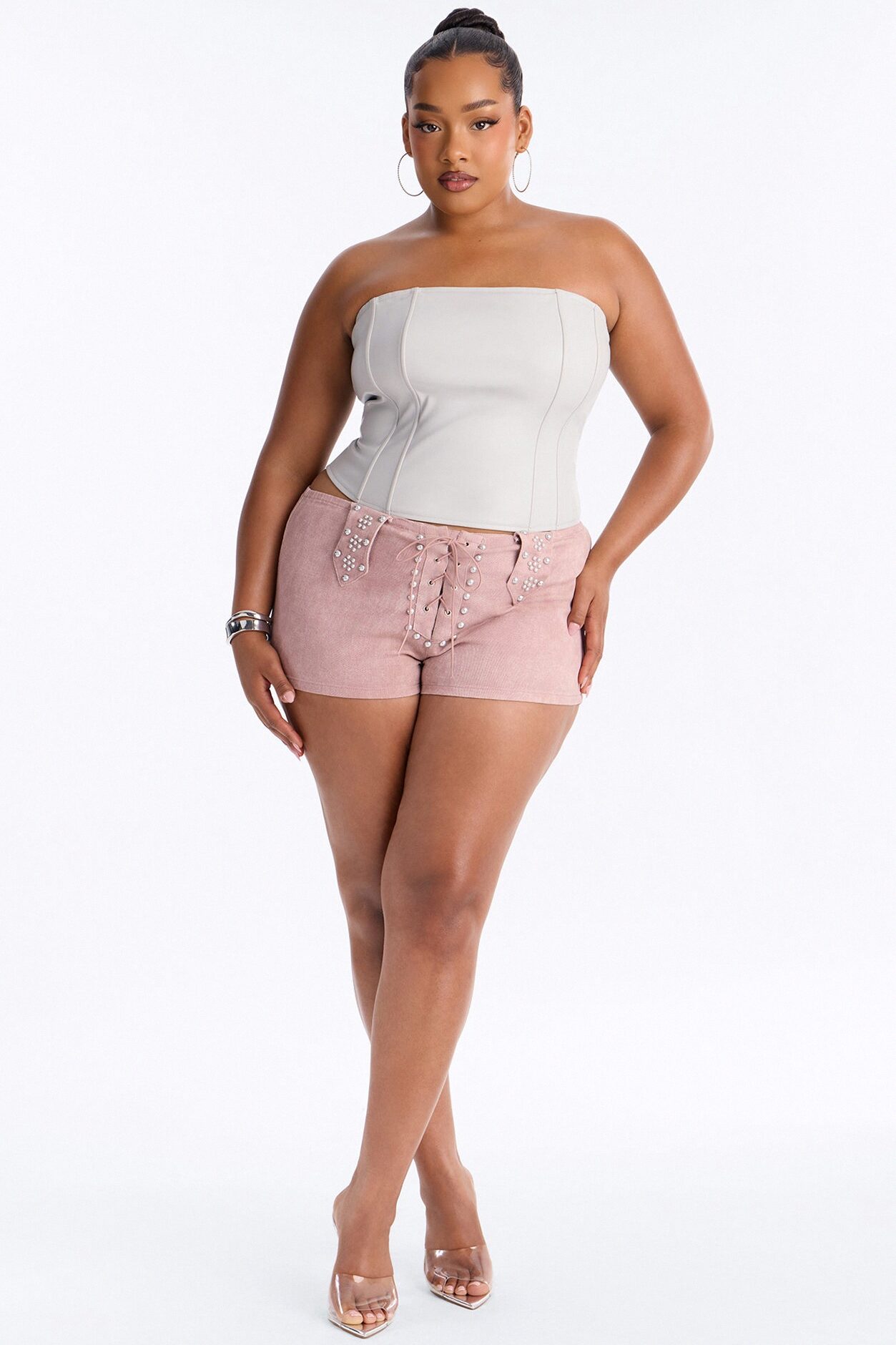 Out West Washed Twill Studded Lace Up Micro Short - Pink