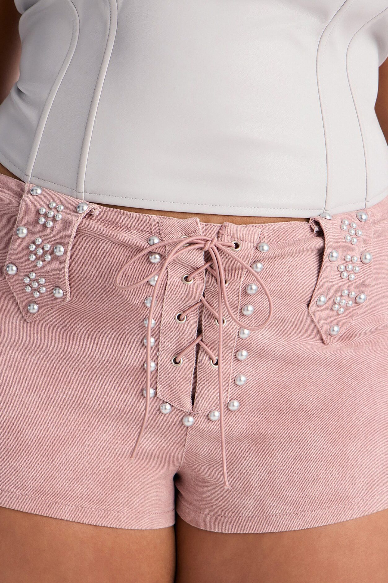 Out West Washed Twill Studded Lace Up Micro Short - Pink