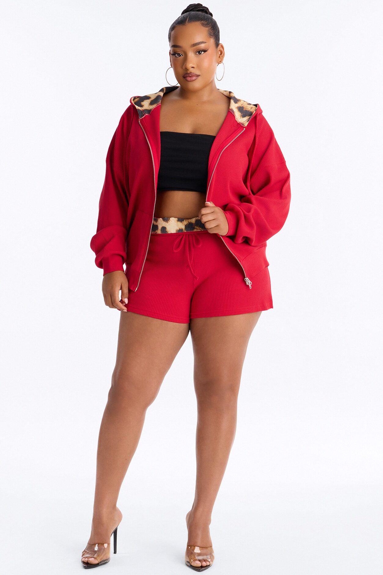 Rowan Waffle Leopard Short Set - Red/combo