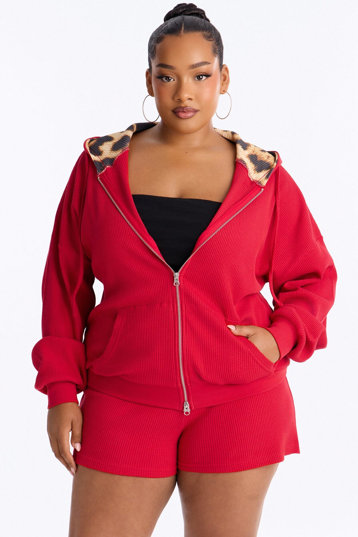 Rowan Waffle Leopard Short Set - Red/combo