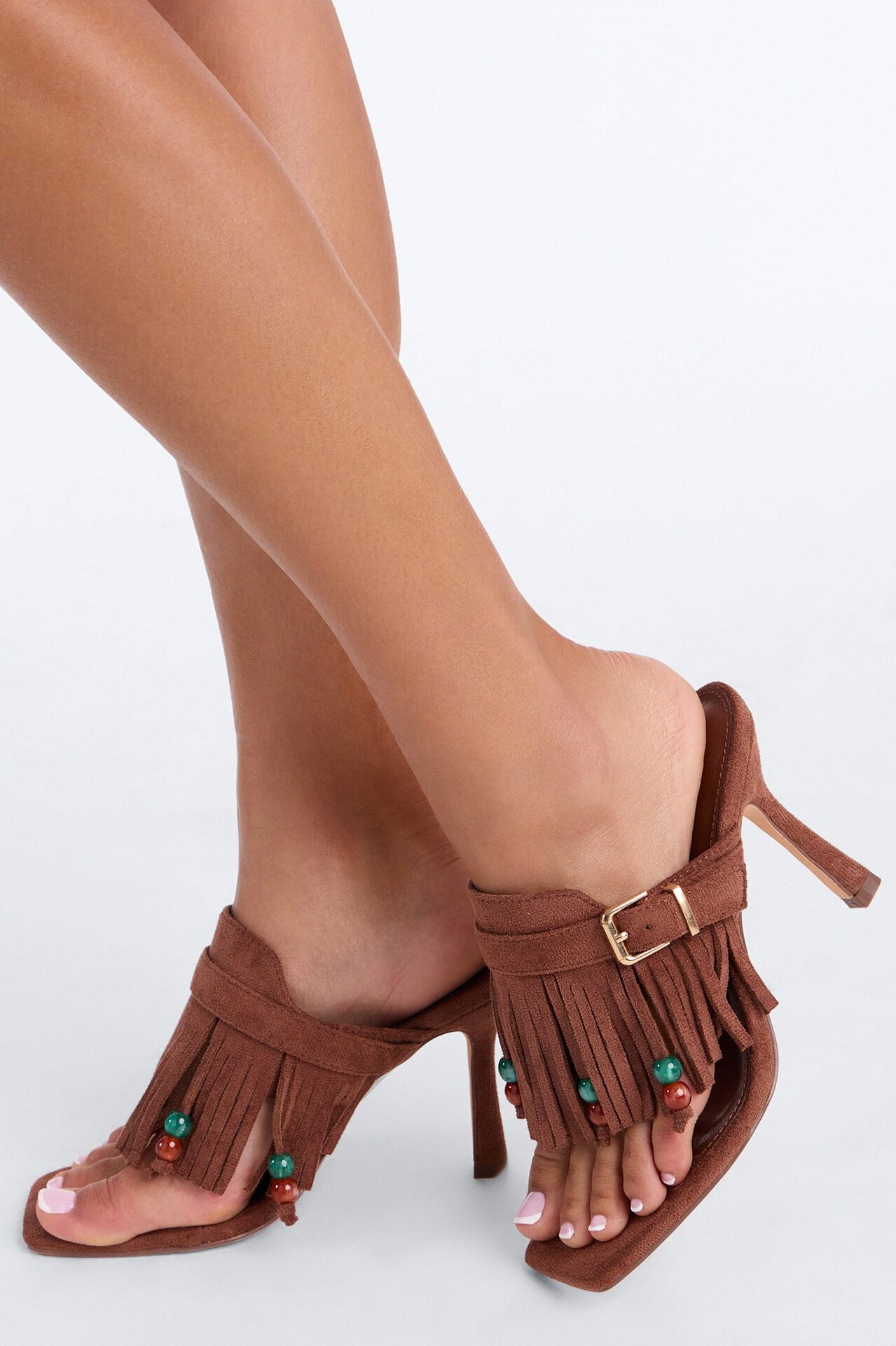 Nettie Fringe Thong Heels - Brown