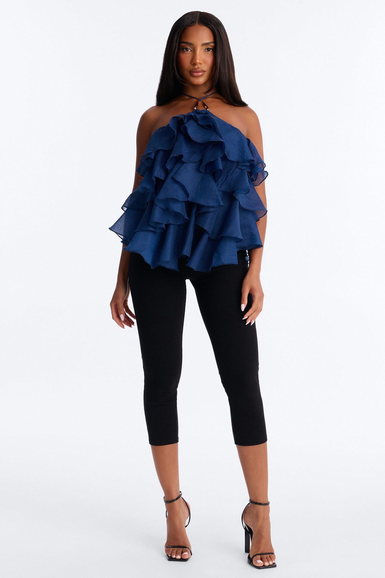 Ruffle Cutie Hardware Organza Halter Top - Navy