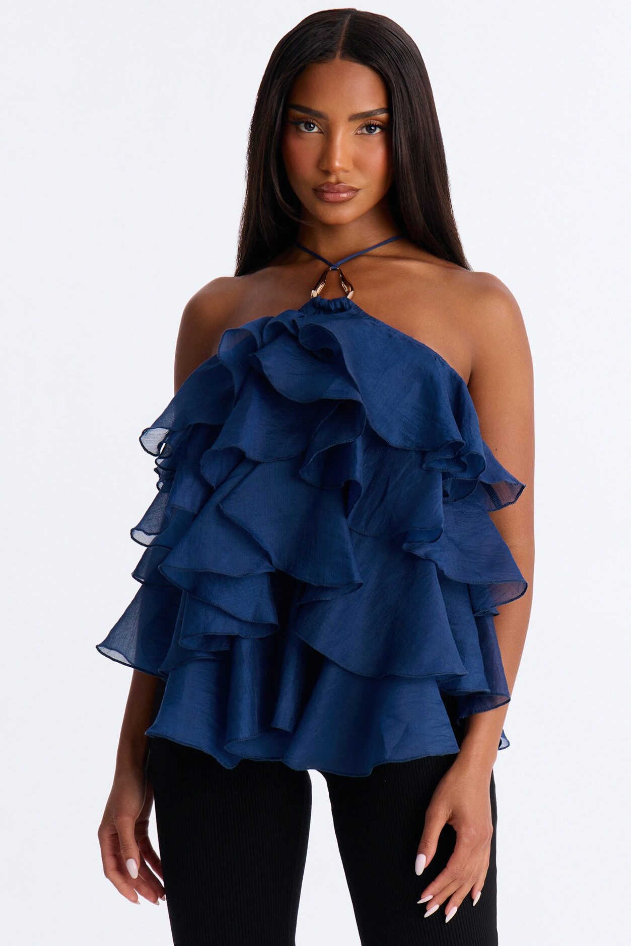 Ruffle Cutie Hardware Organza Halter Top - Navy