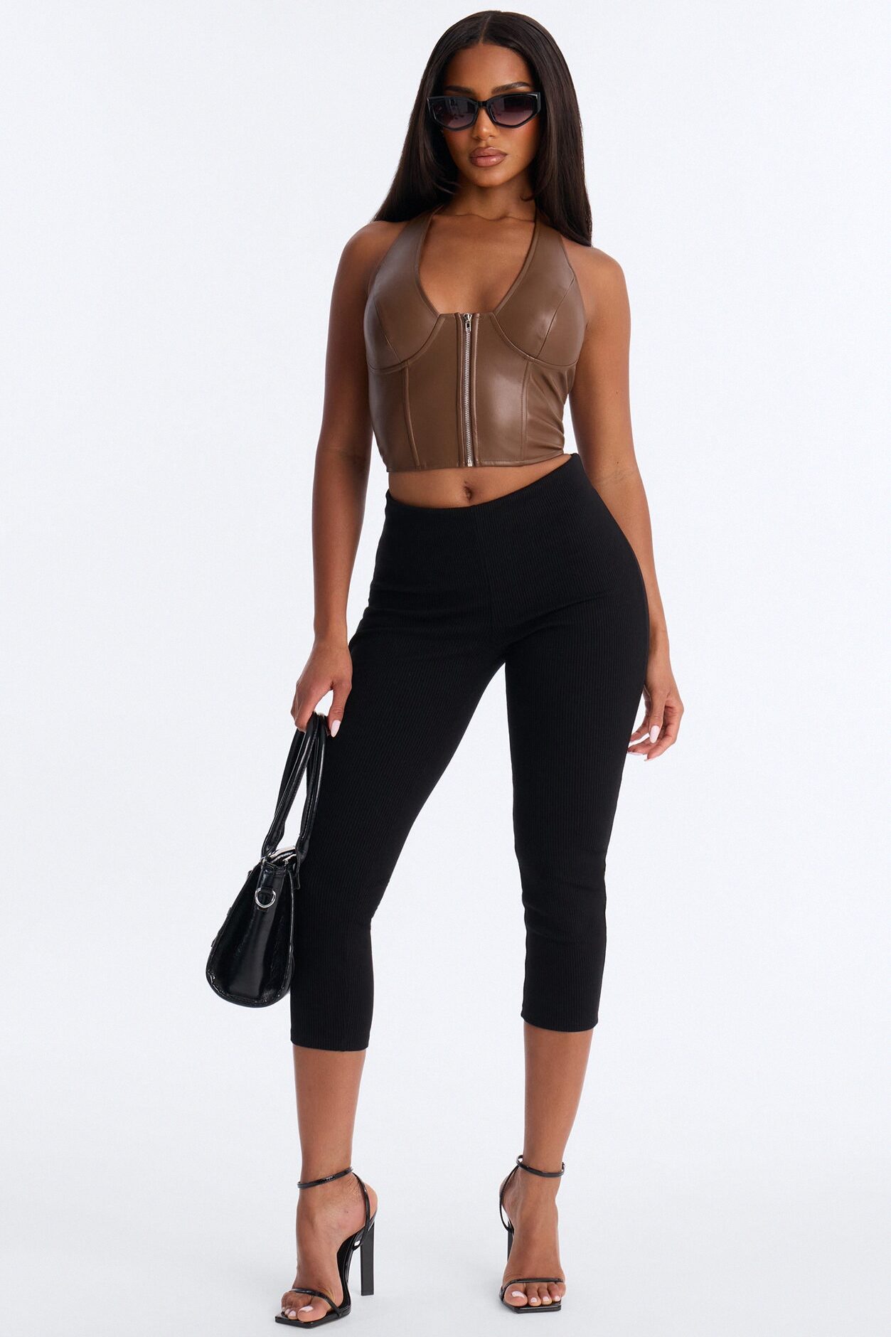 Giulia PU Halter Top - Brown