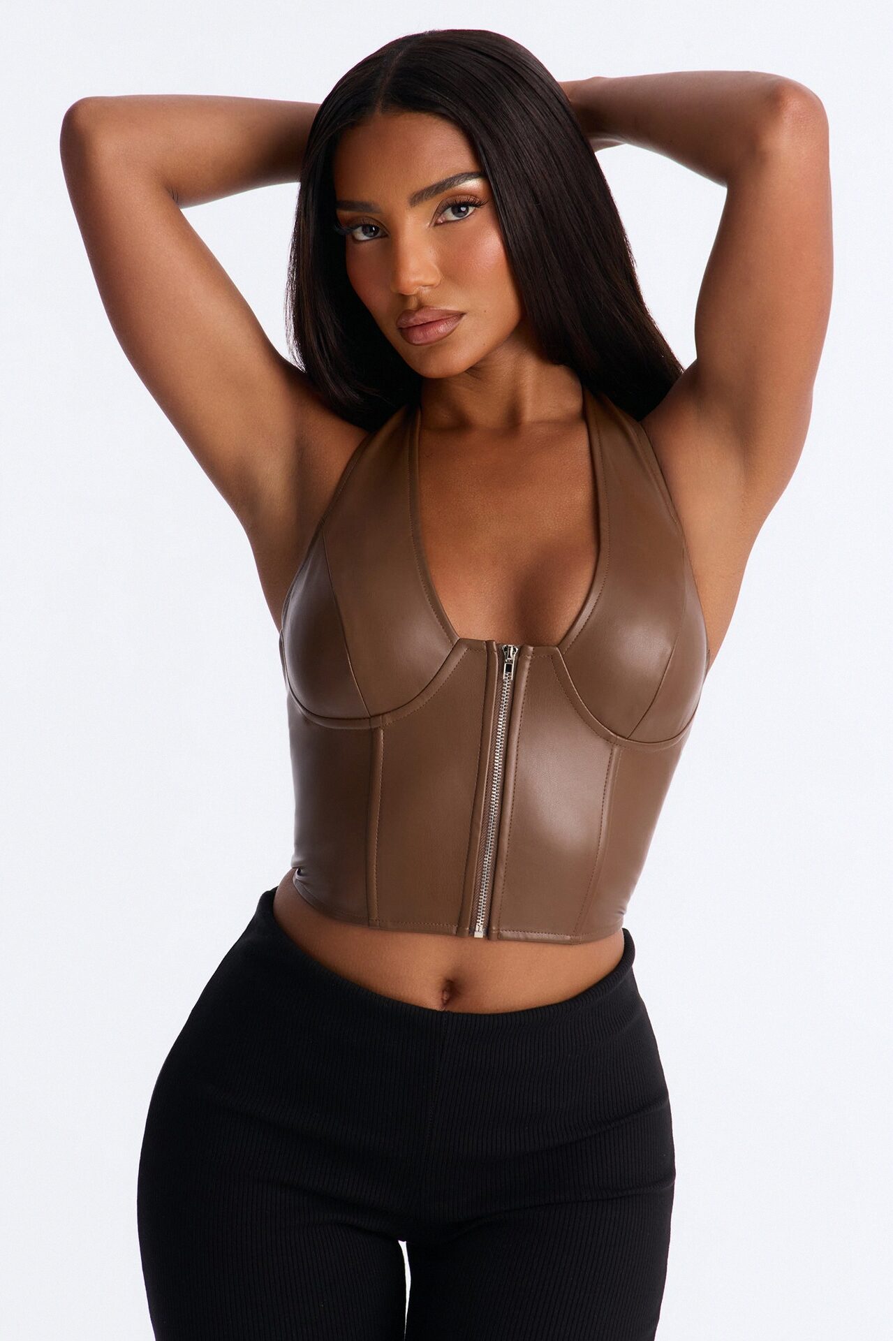Giulia PU Halter Top - Brown