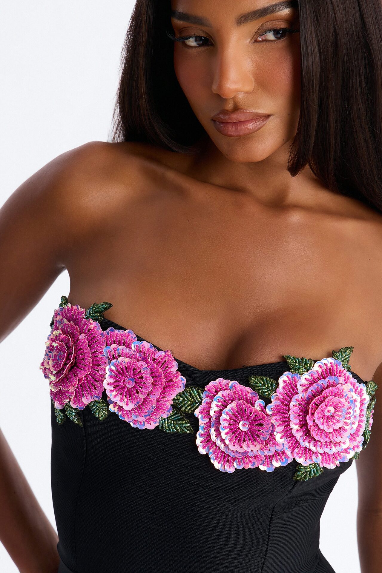 Can't Compare Floral Bandage Gown - Black