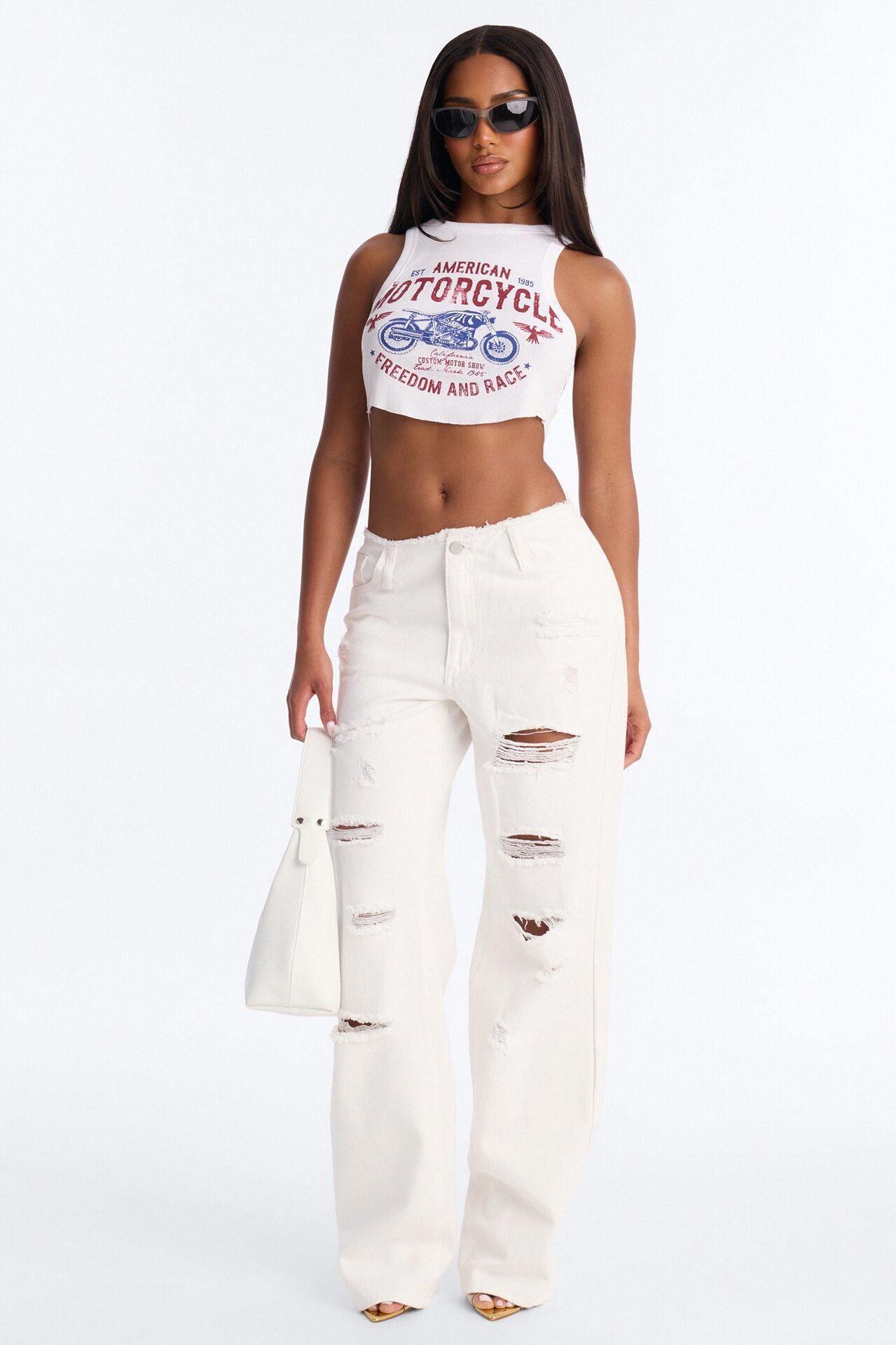 Slice Of Life Cut Off Waistband Ripped Jeans - White