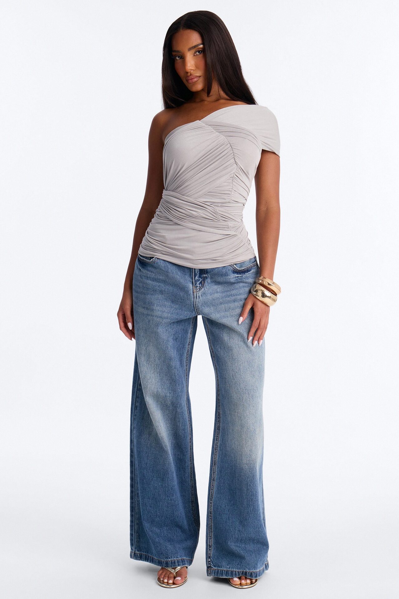 Miley Ruched Drape One Shoulder Top - Grey