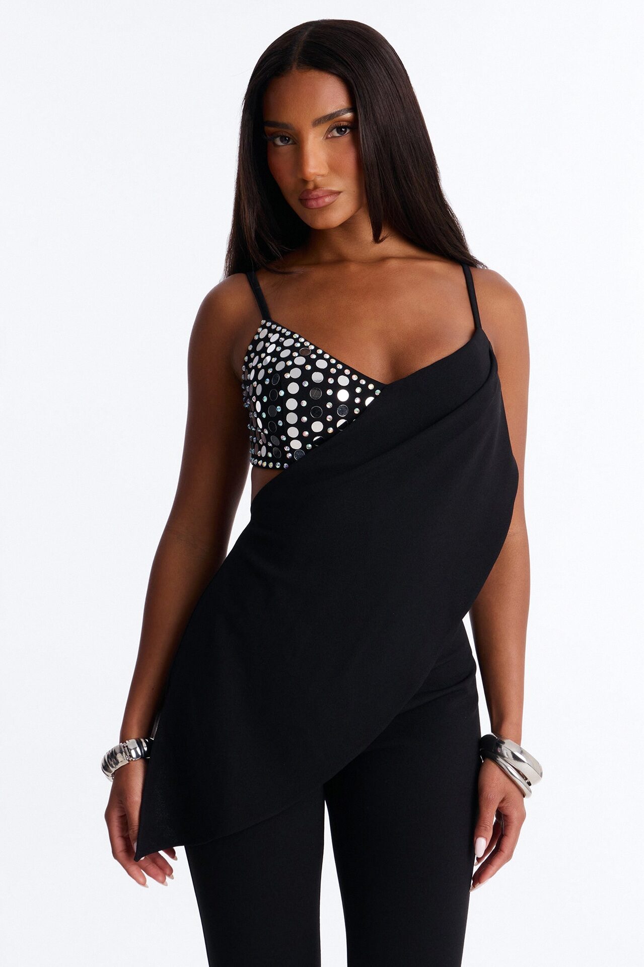 Klea Asymmetrical Embellished Catsuit - Black
