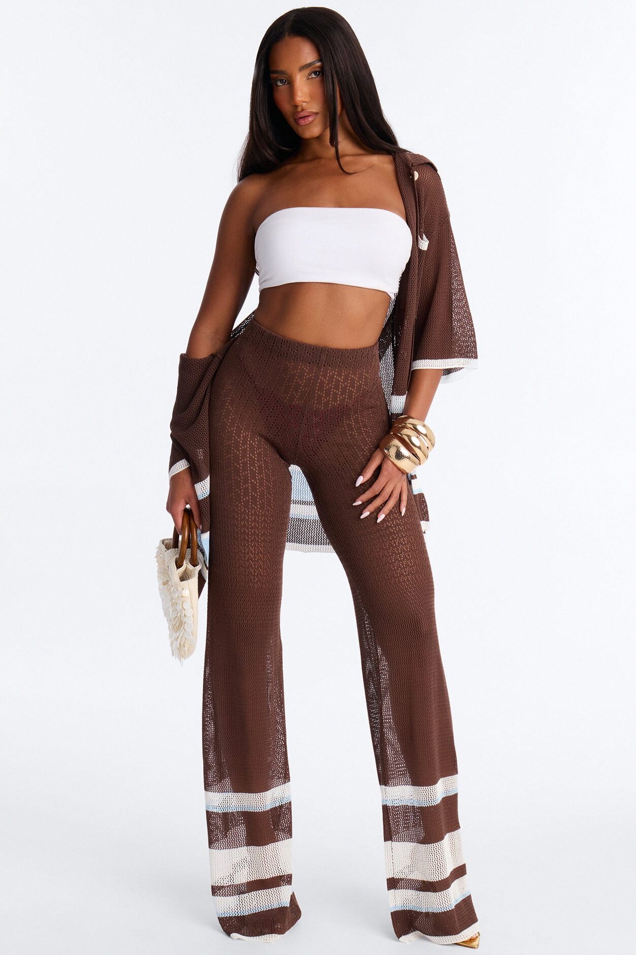 Sally Crochet Pant Set - Brown/combo