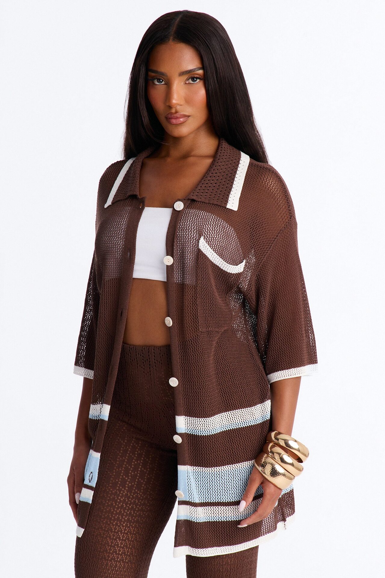 Sally Crochet Pant Set - Brown/combo