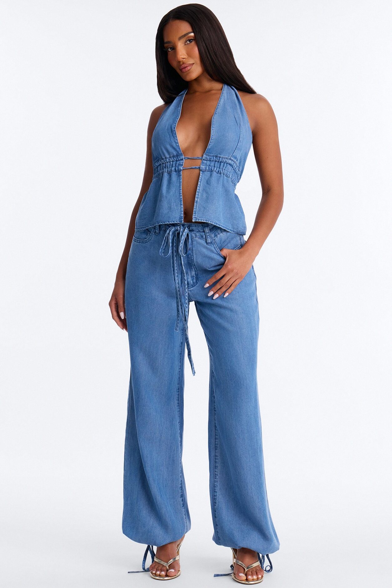 Zaydee Chambray Halter Pant Set - Blue
